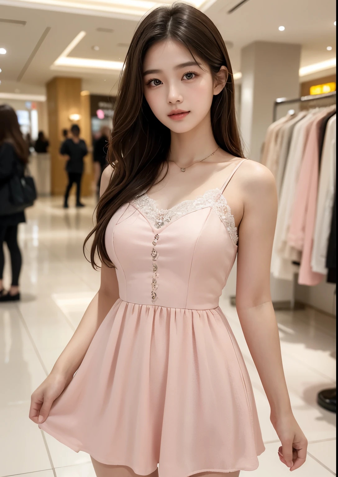 A beautiful cute and sweet 15-year-old Korean girl standing in a mall shopping for clothes, wearing a short pink sweetheart mini dress, detailed facial features, large expressive eyes, long eyelashes, detailed lips, elegant pose, detailed dress folds and textures, detailed shopping mall interior, bright lighting, vibrant colors, photorealistic, 8k, high resolution, intricate details, masterpiece, digital art, realistic,