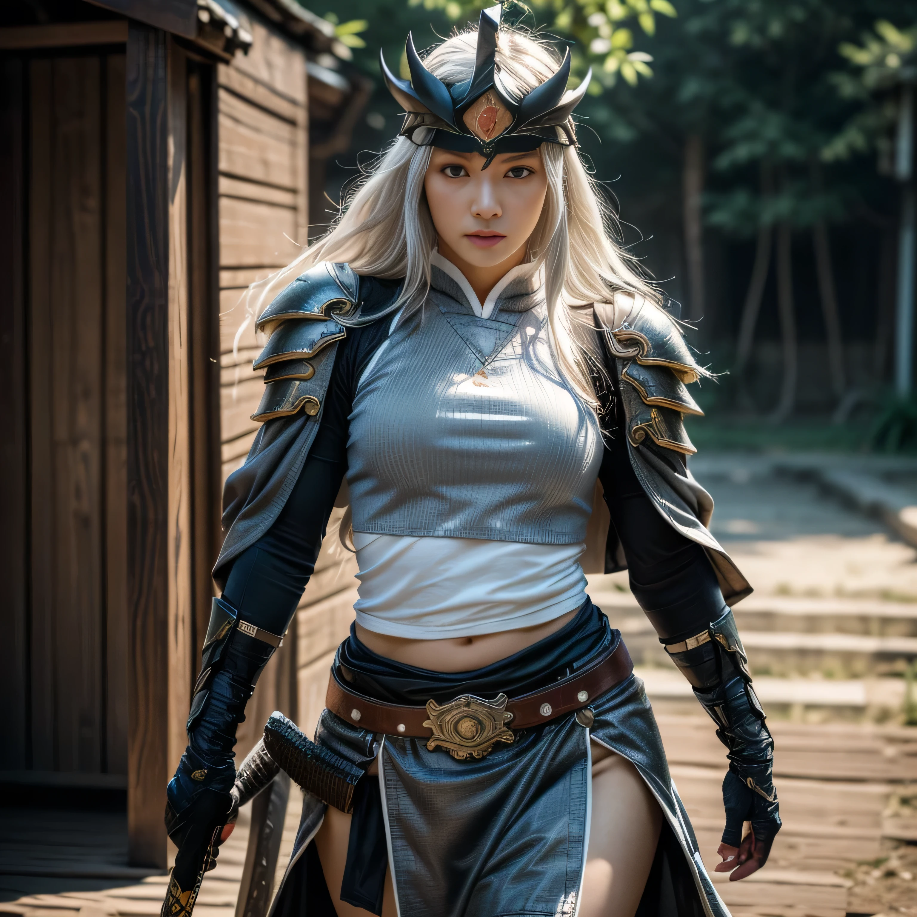 photorealistic, masterpiece, photorealistic, high resolution, soft light, hips up, blue eyes, white hair, long hair, Intricate details EABA, cloaks, kunais, Ninja, Armor, warrior, samurai helmet