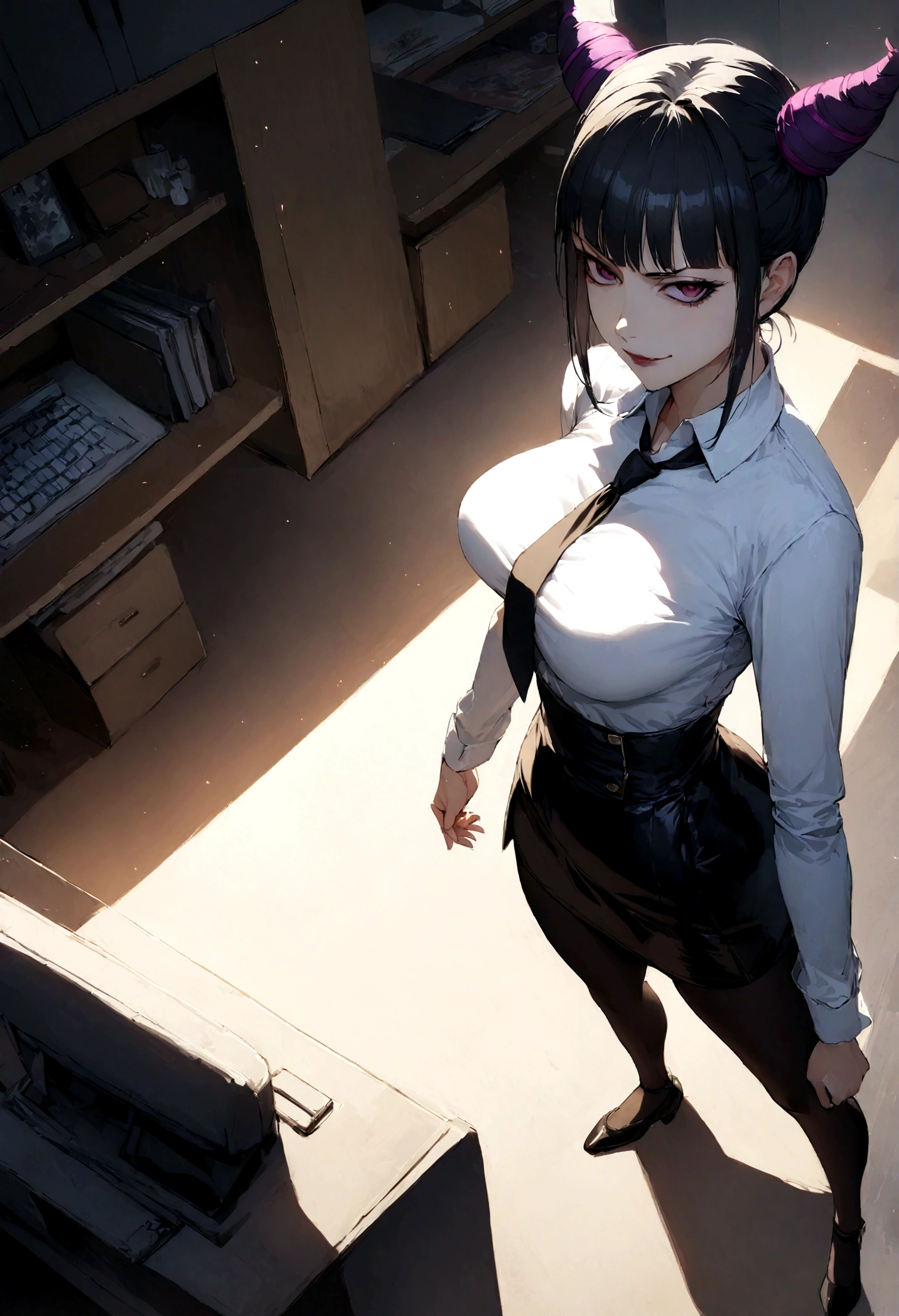 juri han, work of art, tight white secretary shirt with black tie, black high waist skirt, short skirt, black hair, black tights,evil smile,office,franja nos olhos,lighting,chifre de cabelos,view from above,olhando para cima
