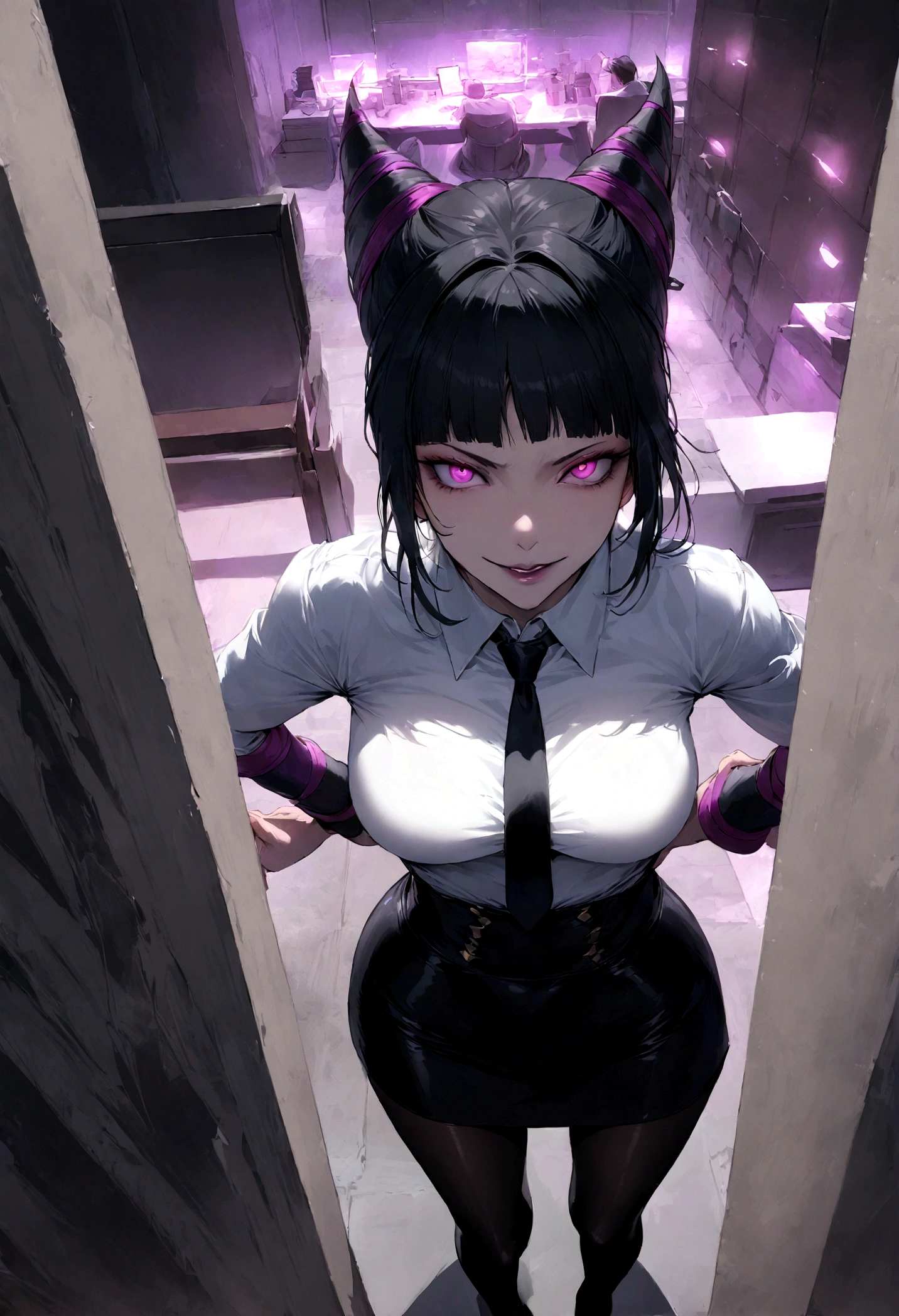 juri han, work of art, tight white secretary shirt with black tie, black high waist skirt, short skirt,stocking, black hair, black tightscary sun,office,bangs on the eyes,Lighting, hair with purple details,view from above,staring overhead,evil smile,sitting,cross legs,glowing purple eyes,red lips,The eyes
