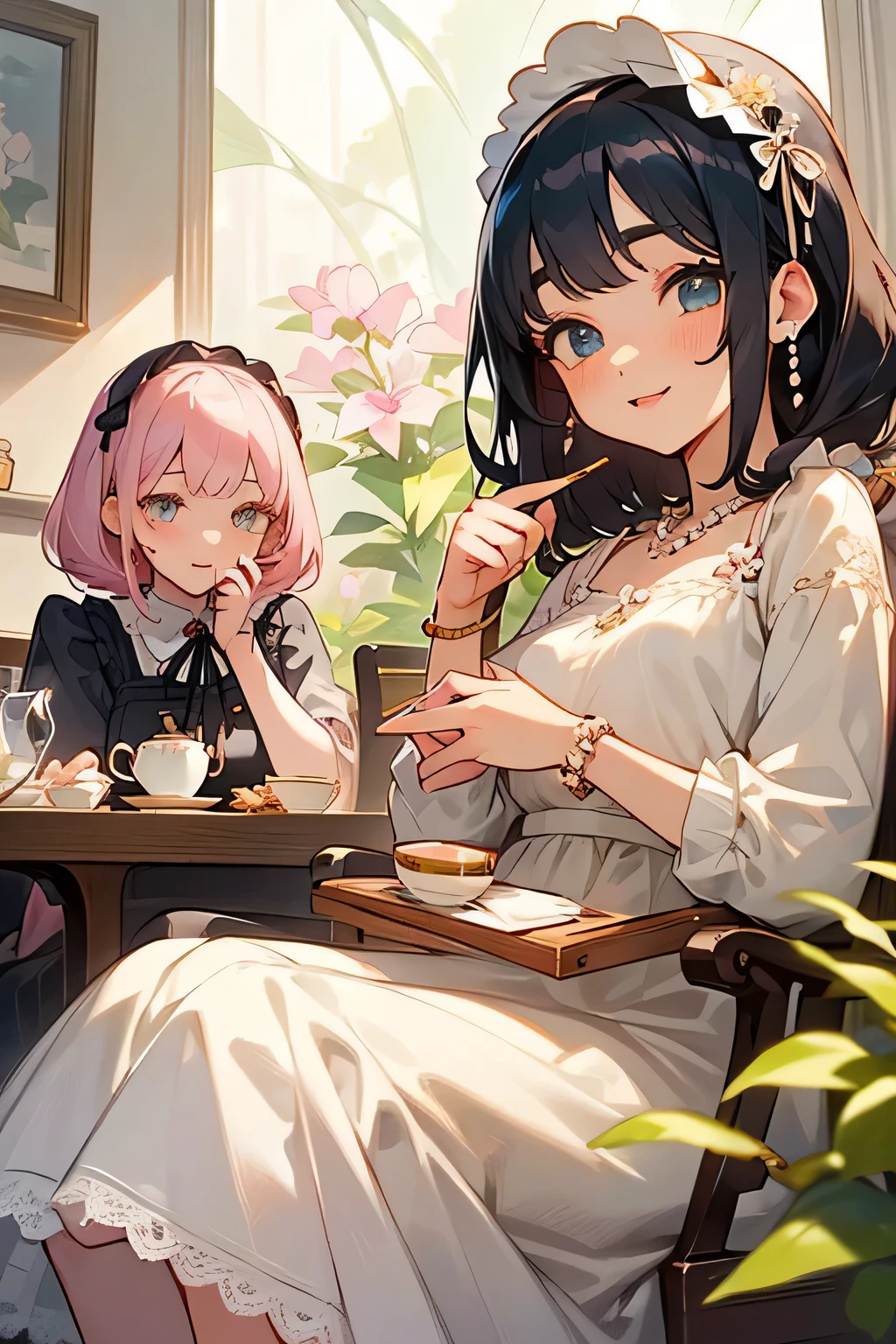 highest quality、High resolution、Detailed Background、(Beautiful face in every detail:1.4)、Anatomically correct、(Draw the usual number of fingers:1.2)、(Hide your fingers:1.3)、(Detailed facial expressions)、(Detailed eyes:1.2)、(Detailed eyes:1.2)、age beauty、(Three Women)、(Highly detailed face:1.4)、Cute hair colour、Braided Ponytail、Bobcut、Braided long hair、Wavy Hairstyle、well-groomed eyebrows、Cute Eye Makeup、Cute Lip Makeup、Calm atmosphere、Happy expression、smile、Laughter、Tea time at the cafe、
(Two women enjoying tea time in a cute cafe:1.5)、
Flared silhouette dress、Camisole dress with frills and lace、
A-line dress with ribbon and flower motif、pink、Pastel Blue、Soft colors such as lavender、white、A clean base color such as beige、
Ribbon and flower hair accessories、Pearl and jewel necklaces、bracelet、
Lace bag、Pumps with ribbon、Suede or velvet short boots、
It's gorgeous but also feminine.