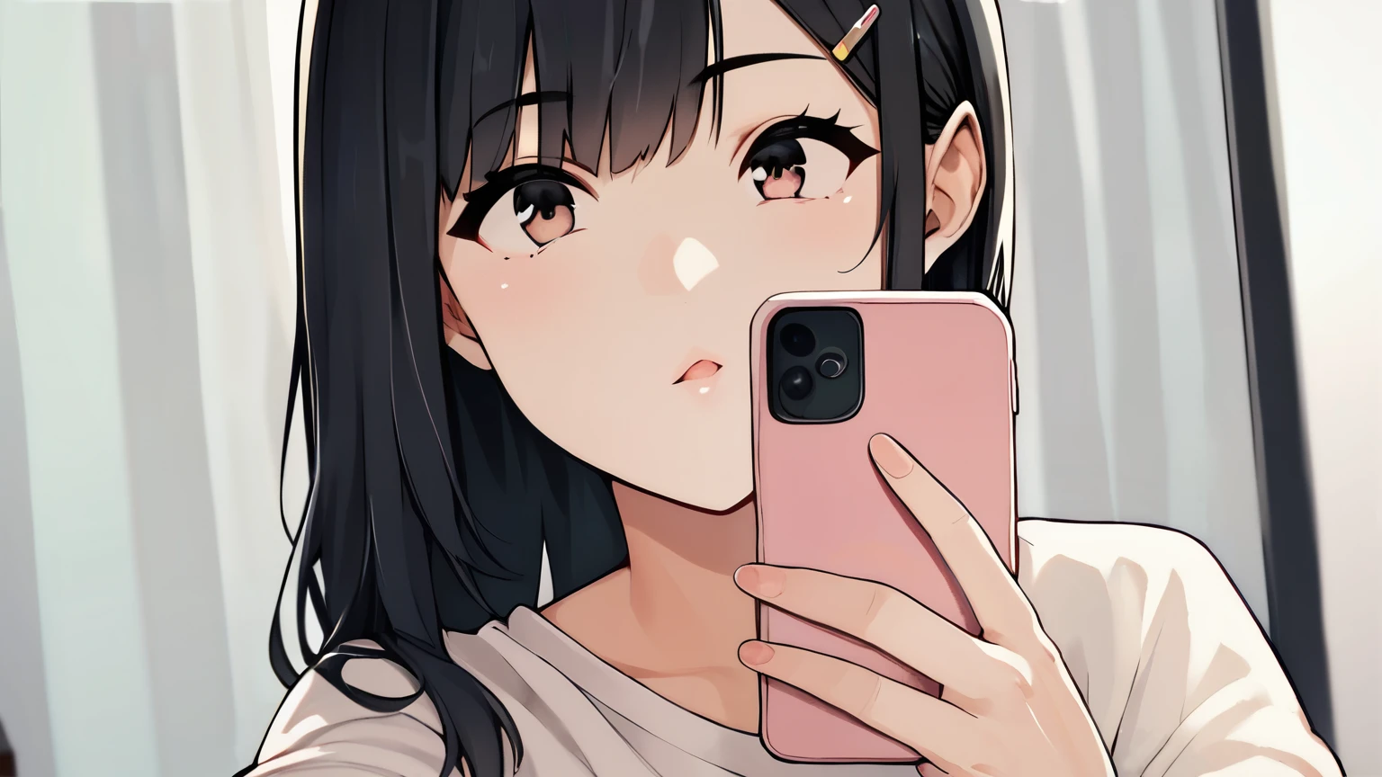 score_9, score_8_superior, score_7_superior, Cowboy Shot, From the side, One girl, smartphone, Selfie, amount, Hair Clip, Voice of the Heart, Black Hair, bangs,
,