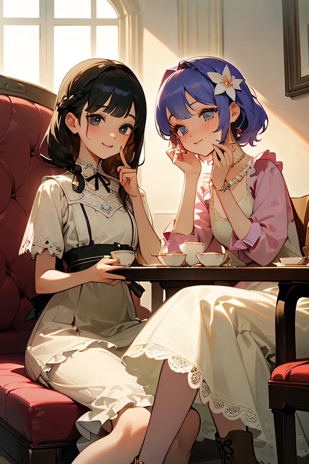 highest quality、High resolution、Detailed Background、(Beautiful face in every detail:1.4)、Anatomically correct、(Draw the usual number of fingers:1.2)、(Hide your fingers:1.3)、(Detailed facial expressions)、(Detailed eyes:1.2)、(Detailed eyes:1.2)、age beauty、(Three Women)、(Highly detailed face:1.4)、Cute hair colour、Braided Ponytail、Bobcut、Braided long hair、Wavy Hairstyle、well-groomed eyebrows、Cute Eye Makeup、Cute Lip Makeup、Calm atmosphere、Happy expression、smile、Laughter、Tea time at the cafe、
(Two women enjoying tea time in a cute cafe:1.5)、
Flared silhouette dress、Camisole dress with frills and lace、
A-line dress with ribbon and flower motif、pink、Pastel Blue、Soft colors such as lavender、white、A clean base color such as beige、
Ribbon and flower hair accessories、Pearl and jewel necklaces、bracelet、
Lace bag、Pumps with ribbon、Suede or velvet short boots、
It's gorgeous but also feminine.