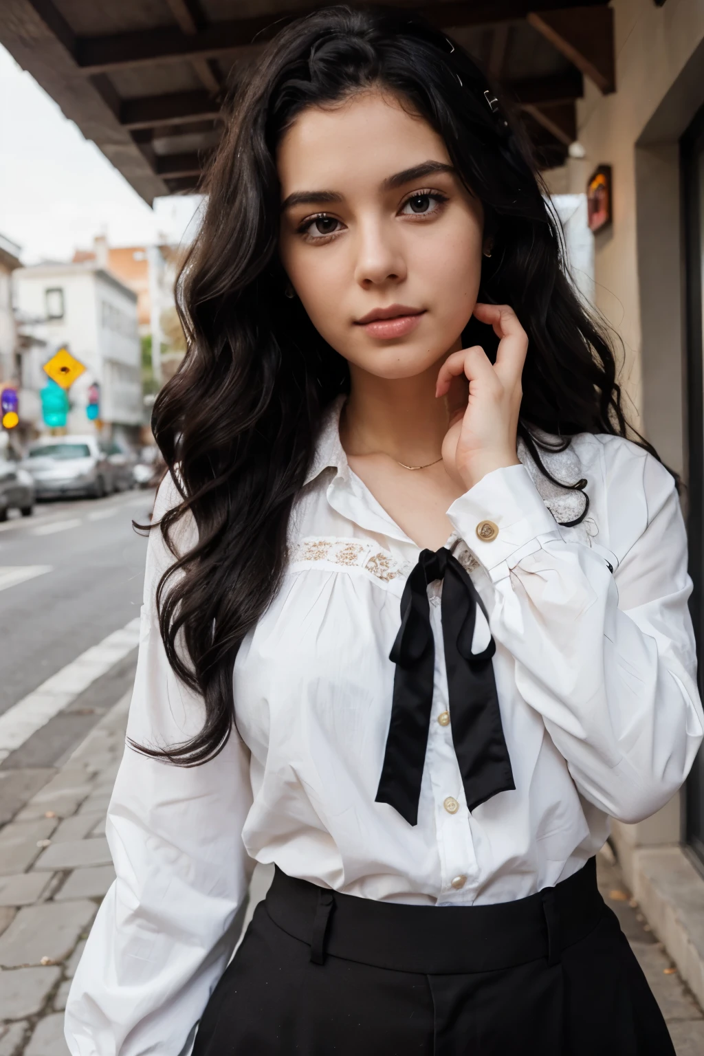 White Girl with Black Hair, Wavy Hair with Blouse