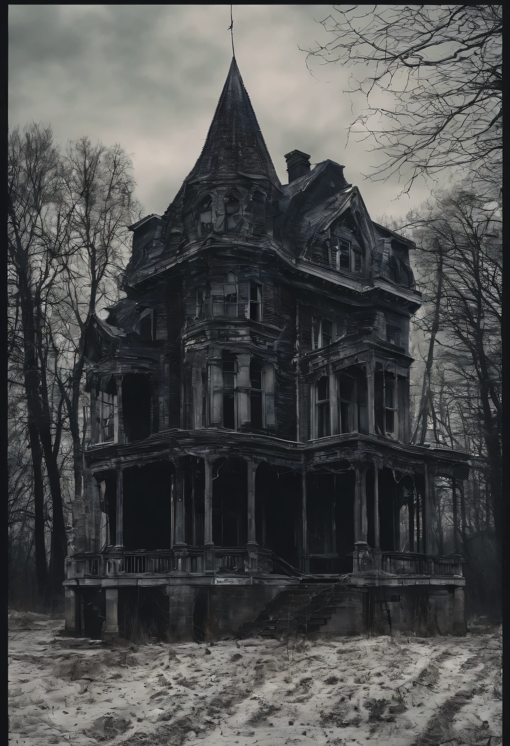 Une maison avec beaucoup de personnes devant, ainsi qu'une vieille dame effrayante à la fenêtre de l'étage de cette maison