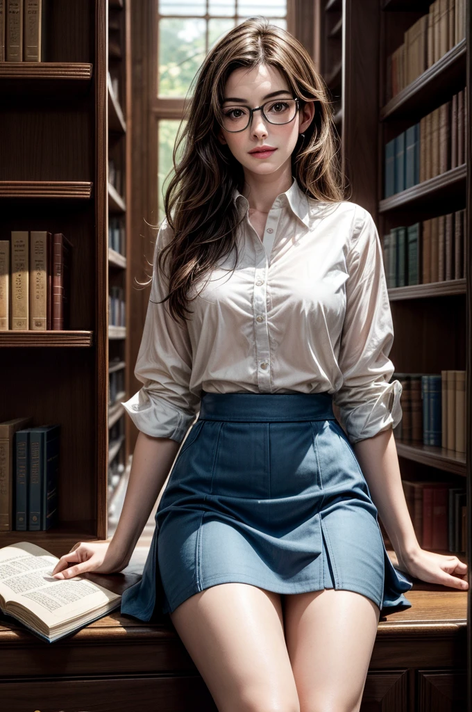 Amidst the shelves full of books in the large library, Stunning Anne Hathaway Howard turns heads. Her delicate face is framed by large prescription glasses., that accentuate your intelligence and charm. Hair is carefully combed, complementing your natural elegance. Seios nus, She wears an impeccable transparent white dress shirt, whose open buds glow softly in the soft ambient light, and a very short blue skirt that highlights her graceful curves. Concentrada, ela percorre as prateleiras, os dedos finos deslizando sobre as lombadas dos livros, searching for a specific title. Her presence exudes a captivating blend of classical beauty and intellectual sophistication., making it an unforgettable sight.