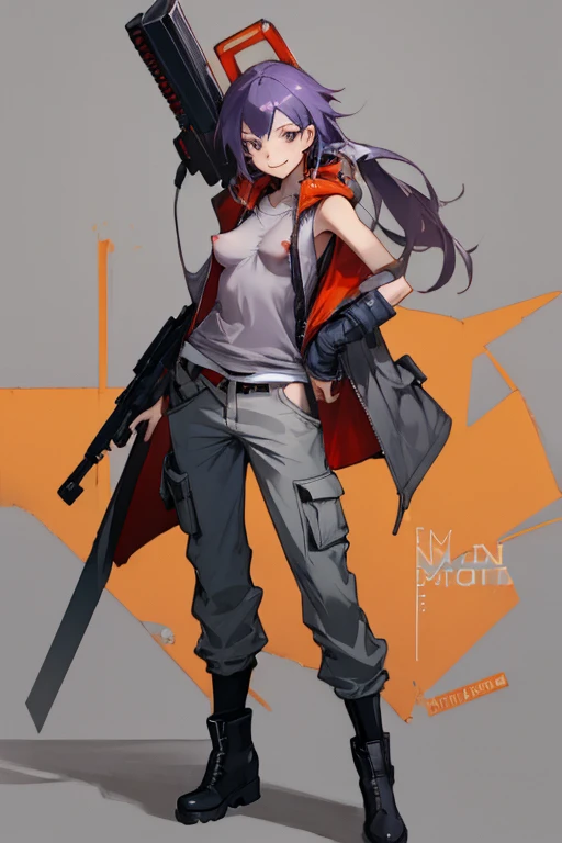 ((highest quality)), ((masterpiece)), (be familiar with),Clementine,Overload,nsfw,Sleeveless hoodie,Grey Shirt,cargo pants,Bewitching Smile,whole body,boots,Long coat,Erect nipples, cyber punk,SF