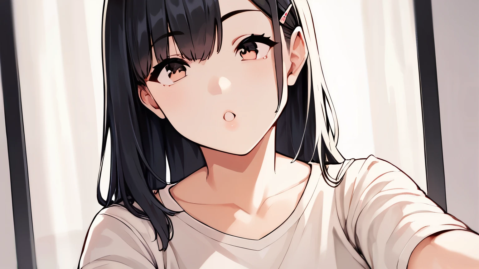 score_9, score_8_superior, score_7_superior,   Cowboy Shot, From the side,  One girl, smartphone,  Selfie,  amount,  Hair Clip, Voice of the Heart, Black Hair, bangs,
,   