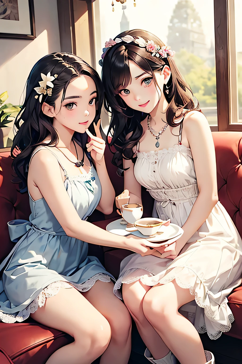 highest quality、High resolution、Detailed Background、(Beautiful face in every detail:1.4)、Anatomically correct、(Draw the usual number of fingers:1.2)、(Hide your fingers:1.3)、(Detailed facial expressions)、(Detailed eyes:1.2)、(Detailed eyes:1.2)、age beauty、(Three Women)、(Highly detailed face:1.4)、Cute hair colour、Braided Ponytail、Bobcut、Braided long hair、Wavy Hairstyle、well-groomed eyebrows、Cute Eye Makeup、Cute Lip Makeup、Calm atmosphere、Happy expression、smile、Laughter、Tea time at the cafe、

(Two women enjoying tea time in a cute cafe:1.5)、

Flared silhouette dress、Camisole dress with frills and lace、
A-line dress with ribbon and flower motif、pink、Pastel Blue、Soft colors such as lavender、white、A clean base color such as beige、
Ribbon and flower hair accessories、Pearl and jewel necklaces、bracelet、
Lace bag、Pumps with ribbon、Suede or velvet short boots、
It&#39;s gorgeous but also feminine.
