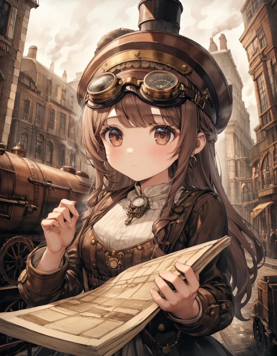 (close up face), steampunk style A  princess’s journey. a littleess boarding a massive steam locomotive. Her dress is adorned with copper and brass decorations, and she wears small goggles on her head. Her eyes sparkle with anticipation for a new adventure, and in her hand, she holds a map and an old-fashioned compass. The locomotive puffs out smoke, and the sound of the whistle echoes as it departs from the station. The people around her wave goodbye, honoring her bravery and adventurous spirit. . antique, mechanical, brass and copper tones, gears, intricate, detailed