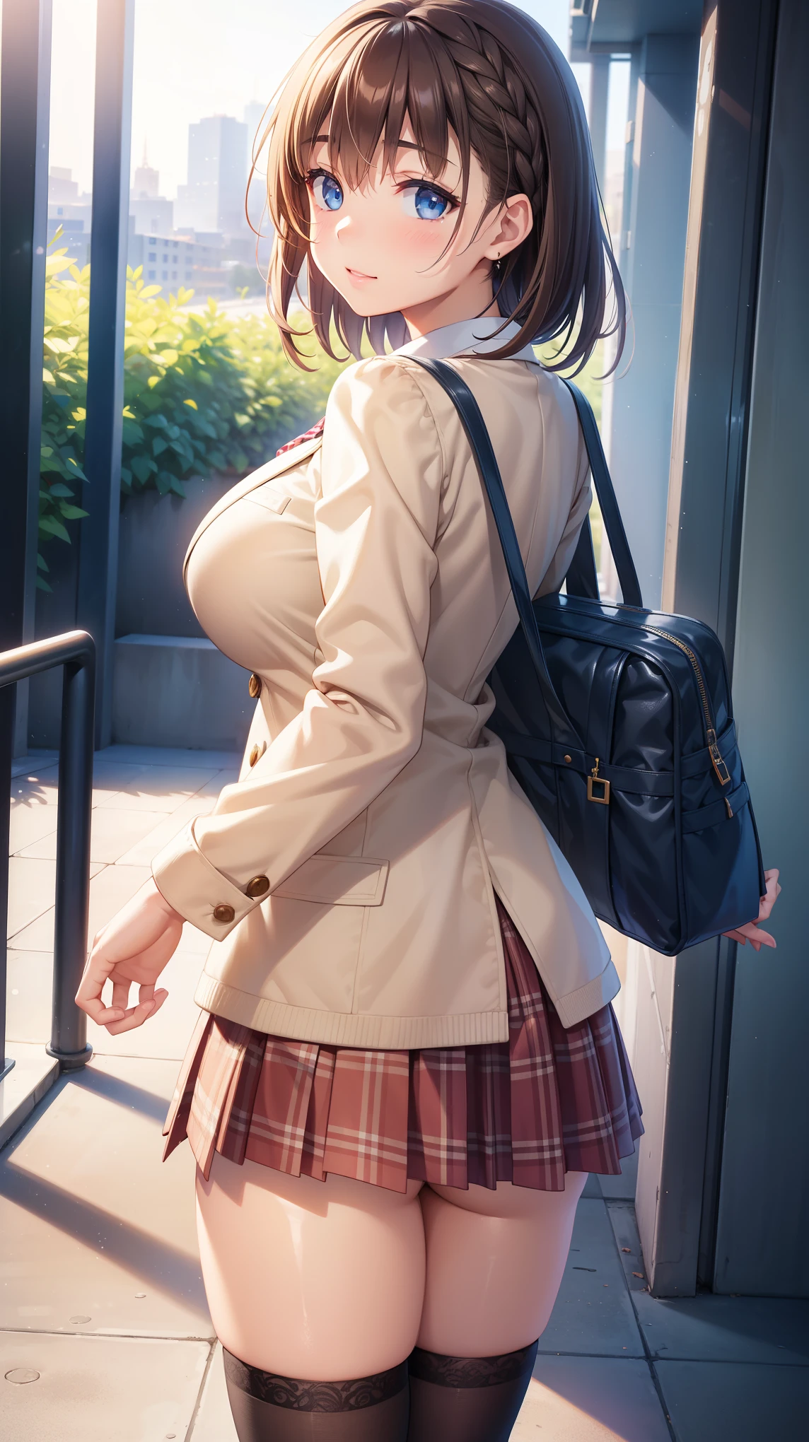 1girl, natural lighting, masterpiece, highly detailed, illustration, game CG, absurdres, high quality, aichan, large breasts, blue eyes, beautiful detailed eyes, short brown hair, side braid, school, blazer, plaid miniskirt, thigh highs, school hallway, looking back at viewer