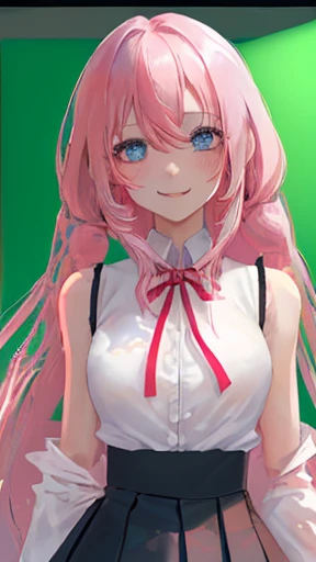 miyakoshikimori,
miyako shikimori, Long Hair, blue eyes, Hair between the eyes, Pink Hair,
壊す  white shirt,Sleeveless shirt,Button-down shirt,Pleated skirt,Black Skirt,
壊す looking at viewer,smile,blush,
 Highly detailed face, Perfect lighting, Highly detailed CG, (Perfect hands, Perfect Anatomy),
The background is a green screen,