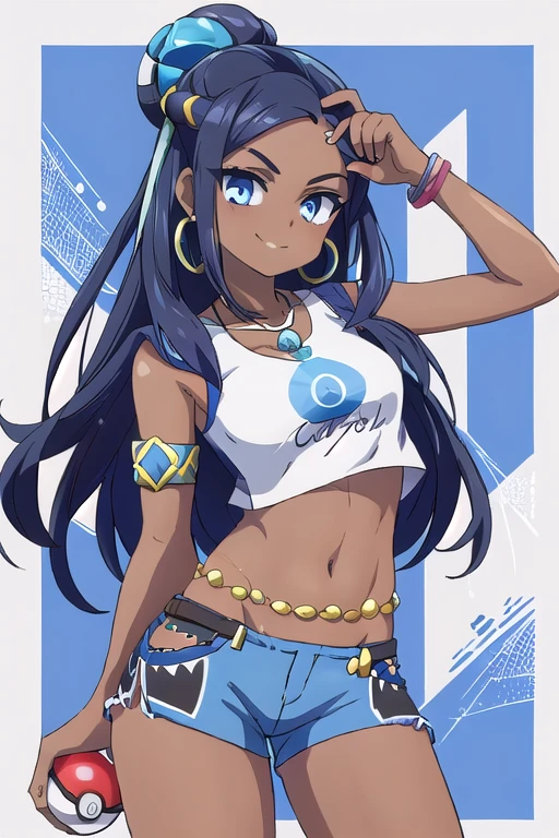 ((masterpiece,best quality)), absurdres, Nessa_Pokemon, 1girl, solo, dark skin, blue eyes, black hair, blue hair, two-tone hair, shorts, crop top, jewelry, necklace, earrings, belly chain, armlet, midriff, solo, smiling, (holding a poke ball:1.3), looking at viewer, cowboy shot, cinematic composition, contrapposto, 
