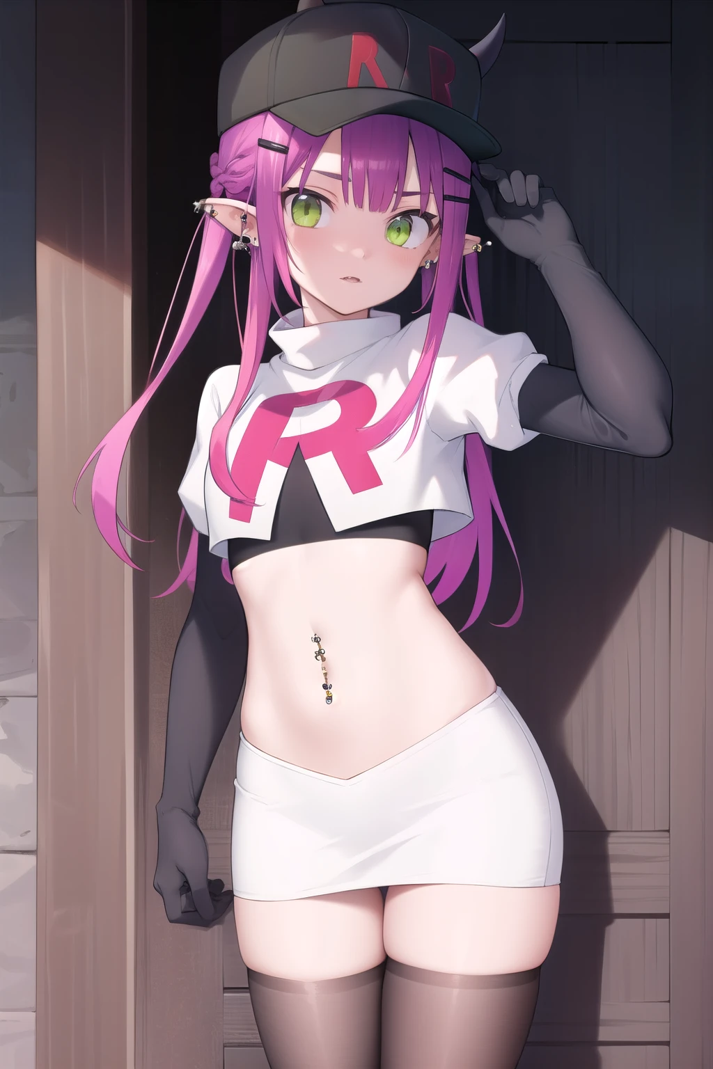 ((masterpiece)),(best quality),official art,extremely detailed CG,unity 8k wallpaper,ultra detailed,1girl,solo,cowboy shot,tokoyami towa,baseball cap,black headwear,colored inner hair,demon girl,demon tail,ear piercing,fake horns,green eyes,hair ornament,hairclip,hat,horned headwear,long hair,multicolored hair,navel piercing,pink hair,pointy ears,purple hair,sidelocks,twintails,streaked hair,tail ornament,tail piercing,team rocket,team rocket uniform,white skirt,red letter R,crop top,black thigh-highs,black elbow gloves