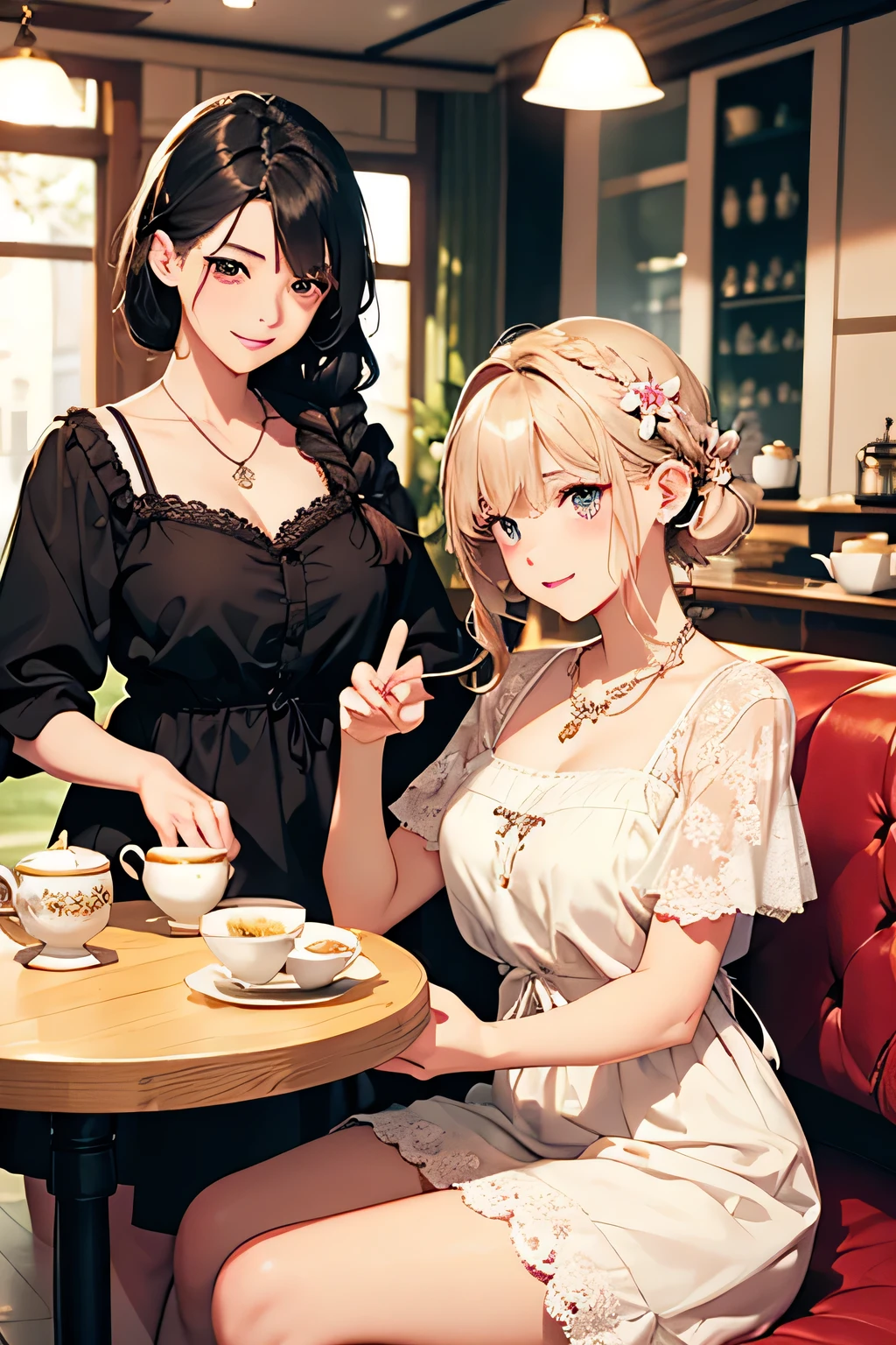 highest quality、High resolution、Detailed Background、(Beautiful face in every detail:1.4)、Anatomically correct、(Draw the usual number of fingers:1.2)、(Hide your fingers:1.3)、(Detailed facial expressions)、(Detailed eyes:1.2)、(Detailed eyes:1.2)、age beauty、(Three Women)、(Highly detailed face:1.4)、Cute hair colour、Braided Ponytail、Bobcut、Braided long hair、Wavy Hairstyle、well-groomed eyebrows、Cute Eye Makeup、Cute Lip Makeup、Calm atmosphere、Happy expression、smile、Laughter、Tea time at the cafe、
(Two women enjoying tea time in a cute cafe:1.5)、
Flared silhouette dress、Camisole dress with frills and lace、
A-line dress with ribbon and flower motif、pink、Pastel Blue、Soft colors such as lavender、white、A clean base color such as beige、
Ribbon and flower hair accessories、Pearl and jewel necklaces、bracelet、
Lace bag、Pumps with ribbon、Suede or velvet short boots、
It's gorgeous but also feminine.