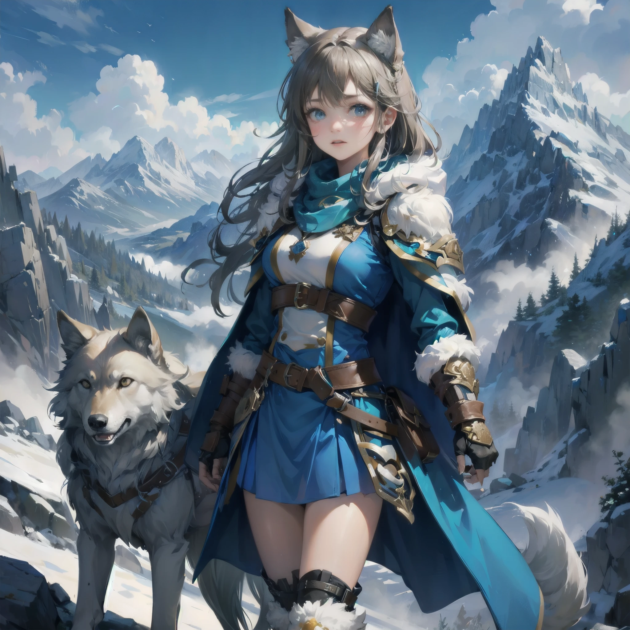 A fantasy Wasteland battles hand-in-hand through a wasteland full of pitfalls. The camera zooms in on the girl, capturing her determination. The cool girl, with wolf ears,wolf tail,  wears thin leather armor and dark cloak. As the zoom progresses, the focus shifts to her hands, highlighting the worn and weathered textures that symbolize her journey and the hardships she has endured. This message is realized in a mixed-media sculptural style, combining elements of metalwork and textile art to represent the characters and their resilience in three-dimensional form.