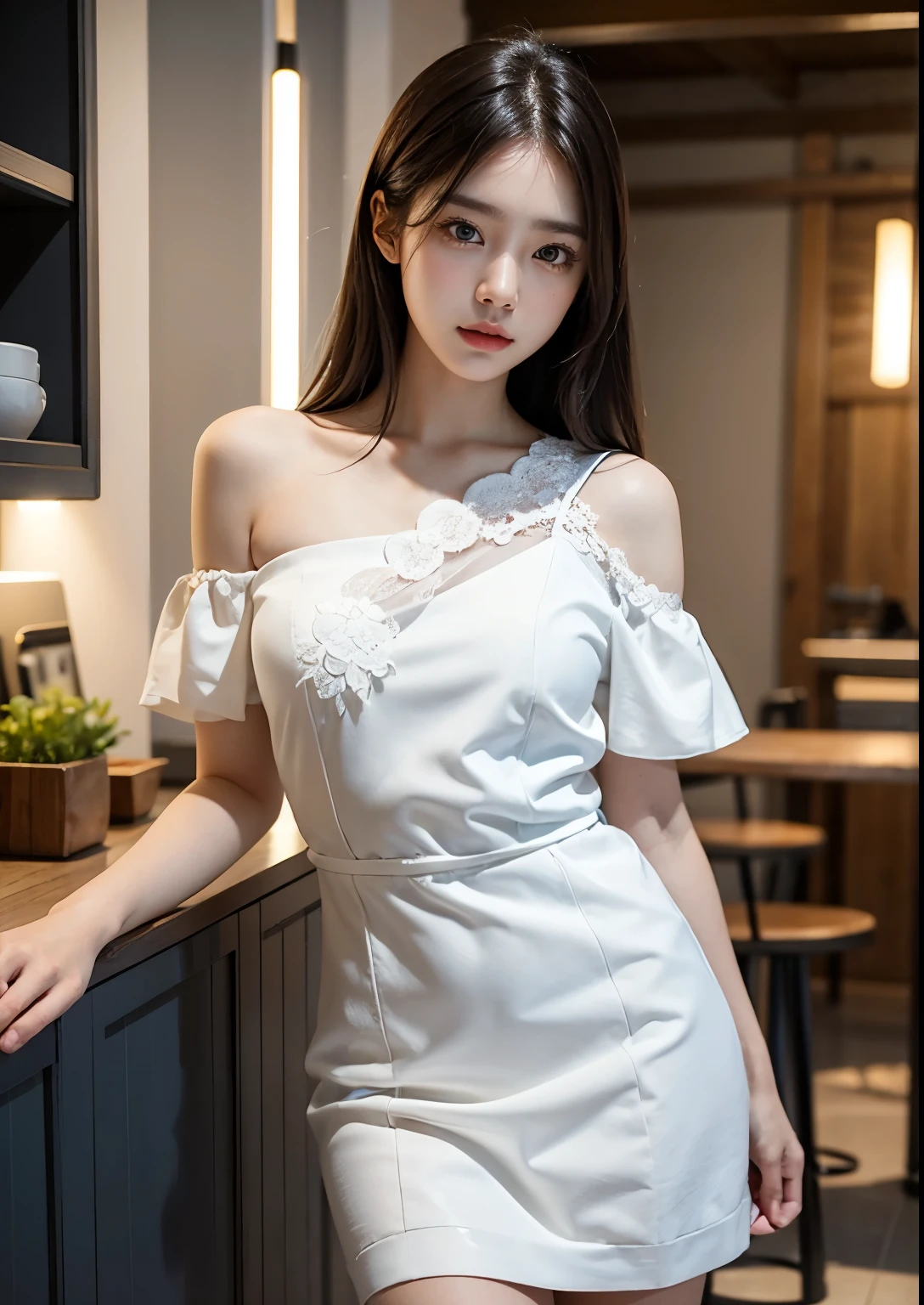 A beautiful Korean girl, detailed realistic face, longeyes, small nose, full lips, shoulder-length black hair, standing in a hypermarket, wearing an above knee-length white floral dress, holding a shopping basket, natural lighting, highly detailed, photorealistic, 8k, (best quality, masterpiece:1.2), ultra-detailed, (realistic:1.37), detailed description, vivid colors, HDR, studio lighting, professional