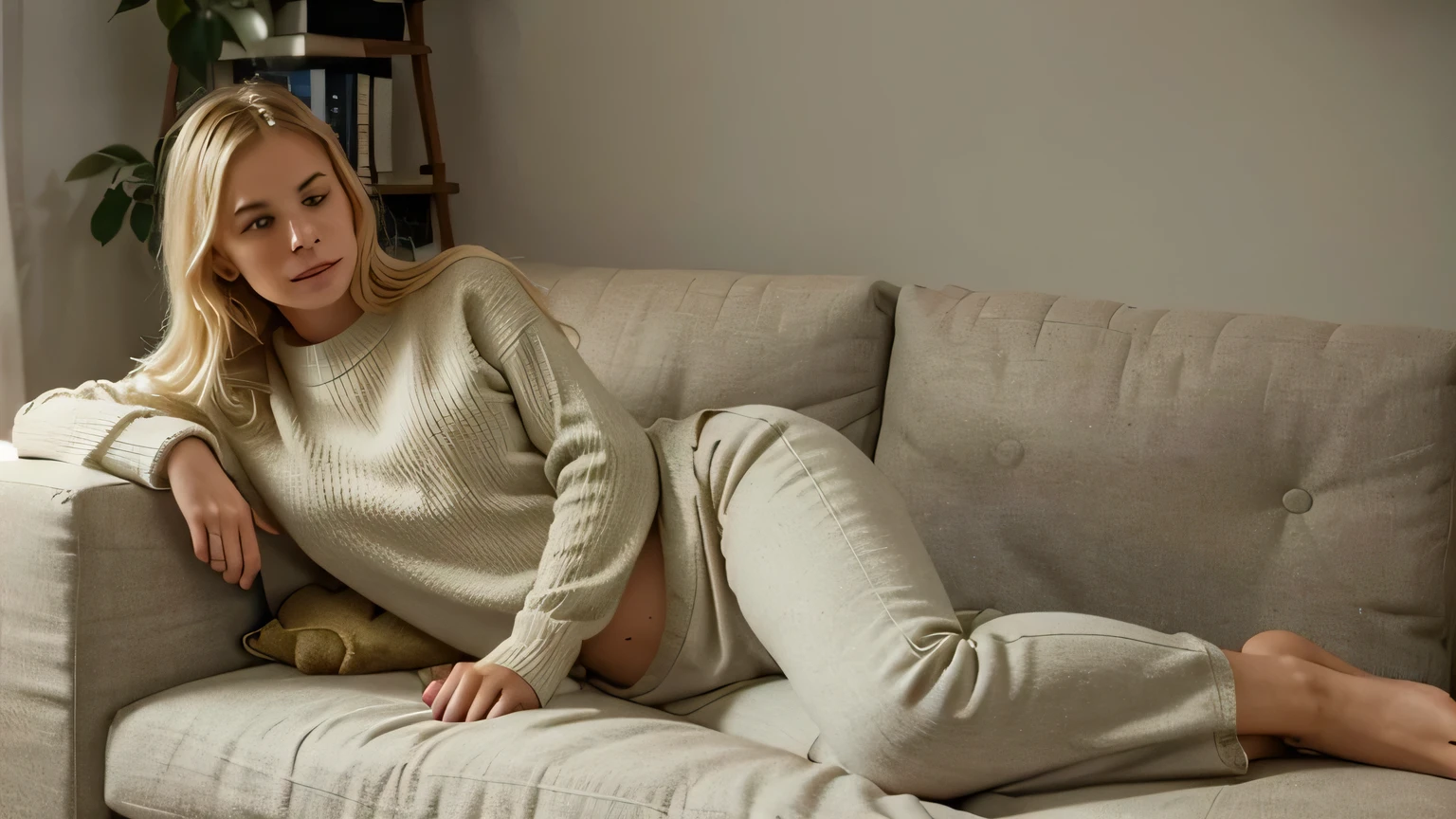 A young blonde woman is lying on a cozy, modern sofa in a living room setting. The room is warmly lit with soft, ambient lighting. She is casually dressed in comfortable clothes, perhaps a sweater and jeans, and she appears relaxed and content. The sofa is positioned against a backdrop of a stylish interior with decorative elements like cushions, a coffee table, and a bookshelf. The overall atmosphere is calm and inviting." The image should be in landscape format (1792x1024).