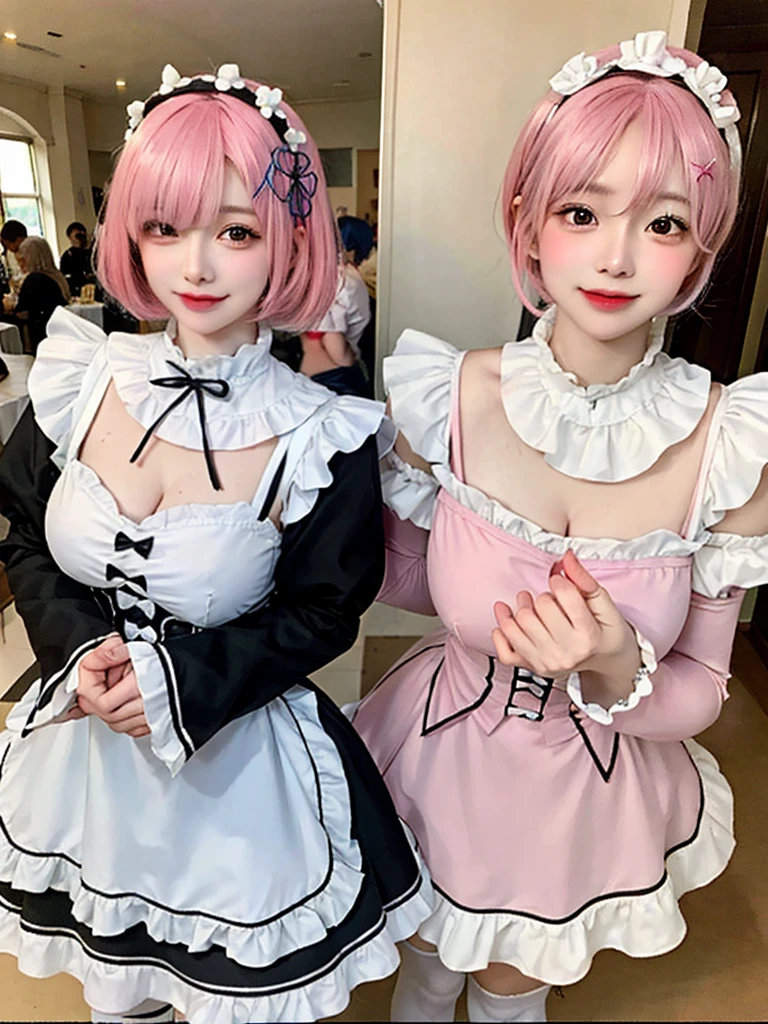 Accurate depiction with high resolution,(8K, Photorealistic, Raw photo, of the highest quality: 1.3), (1girl in), Super beautiful, (Realistic face), (boyish, pink Color Berry Shorthair), Beautiful , Glare that captivates the viewer, Beautiful expression, Beautiful breasts, (Realistic skin), Be...Create a detailed and colorful image of Ram and Rem from Re:Zero, standing back-to-back in their maid outfits, with a magical fantasy background、14years old, two girls,cute, perfect face, beautiful, nice body, gothic lolita clothes, gothic lolita fashion, frilly skirt, headdress, necklace, bracelet, knee-high socks, boots, double eyelids, tear bags, Detailed down to the fingers, photo-like description, indoors, dim indoor lighting, one girl is pink hair and short bob, another girl is light blue hair and short bob,standing,whole body, composition that shows the whole body, smiling,The Both of them are wearing the same type of maid outfit,Optimal ratio of 4 fingers and 1 thumb,walking