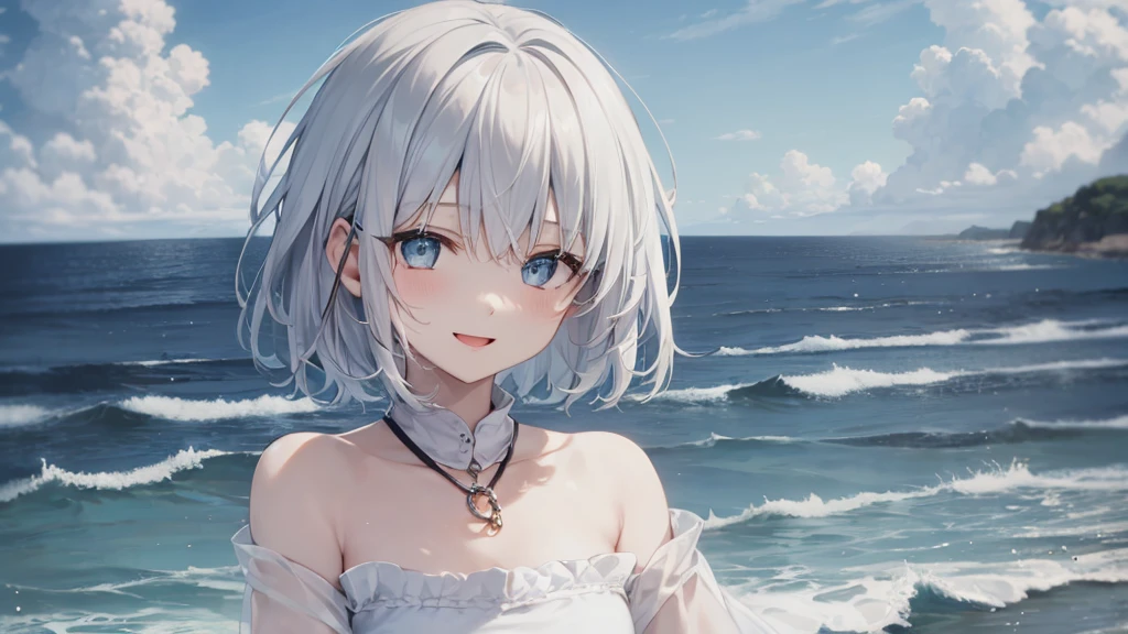 Her eyes were shining、Mysterious and enchanting atmosphere。With AI Painting、とてもShort Hair, Long bangs between the eyes, Grey Eyes , Very detailed,(masterpiece、highest quality)、alone、Gray Hair、Fantasy, Silver Hair, Beautiful Eyes,Ecstasy, charm, attract the audience, Fantasyな風景、White shirt、smile、Open your mouth、Scarf、short hair、Short Hair、hairpin、Dark Eyes