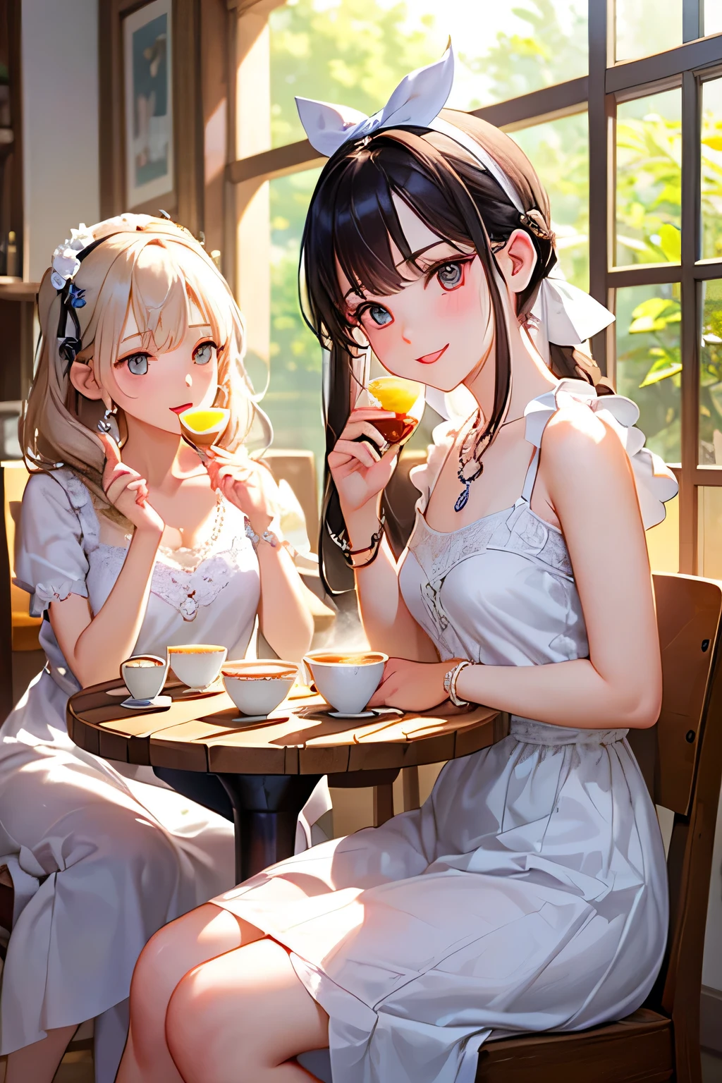 highest quality、High resolution、Detailed Background、(Beautiful face in every detail:1.4)、Anatomically correct、(Draw the usual number of fingers:1.2)、(Hide your fingers:1.3)、(Detailed facial expressions)、(Detailed eyes:1.2)、(Detailed eyes:1.2)、Teenage beauty、(Three Women)、(Highly detailed face:1.4)、Cute hair colour、Braided Ponytail、Bobcut、Braided long hair、Wavy Hairstyle、well-groomed eyebrows、Cute Eye Makeup、Cute Lip Makeup、Calm atmosphere、Happy expression、smile、Laughter、Tea time at the cafe、
(Two women enjoying tea time in a cute cafe:1.5)、
Flared silhouette dress、Camisole dress with frills and lace、
A-line dress with ribbon and flower motif、pink、Pastel Blue、Soft colors such as lavender、white、A clean base color such as beige、
Ribbon and flower hair accessories、Pearl and jewel necklaces、bracelet、
Lace bag、Pumps with ribbon、Suede or velvet short boots、
It's gorgeous but also feminine.