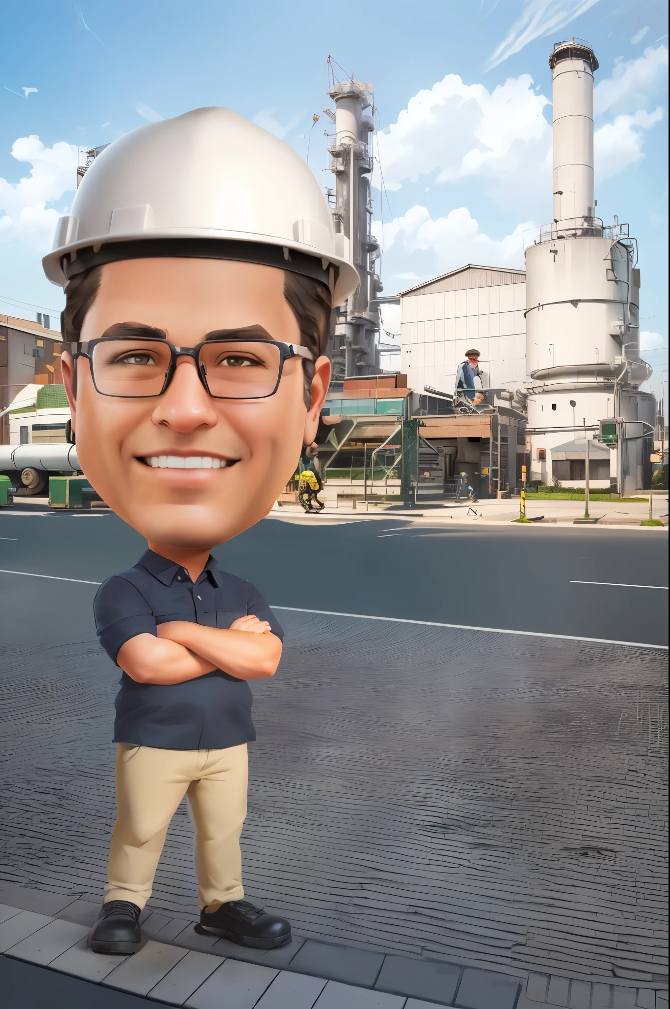 arafed man in a hard hat and glasses standing on a brick sidewalk, chemical fertilizer factory, caricature illustration, cartoon portrait, in cartoon style, caricature style, cg artist, proffesional illustration, professional illustration, potrait, cartoon digital painting, for hire 3d artist, portrait picture, 3 d artist, big head, high quality portrait, engineer, cartoon digital art