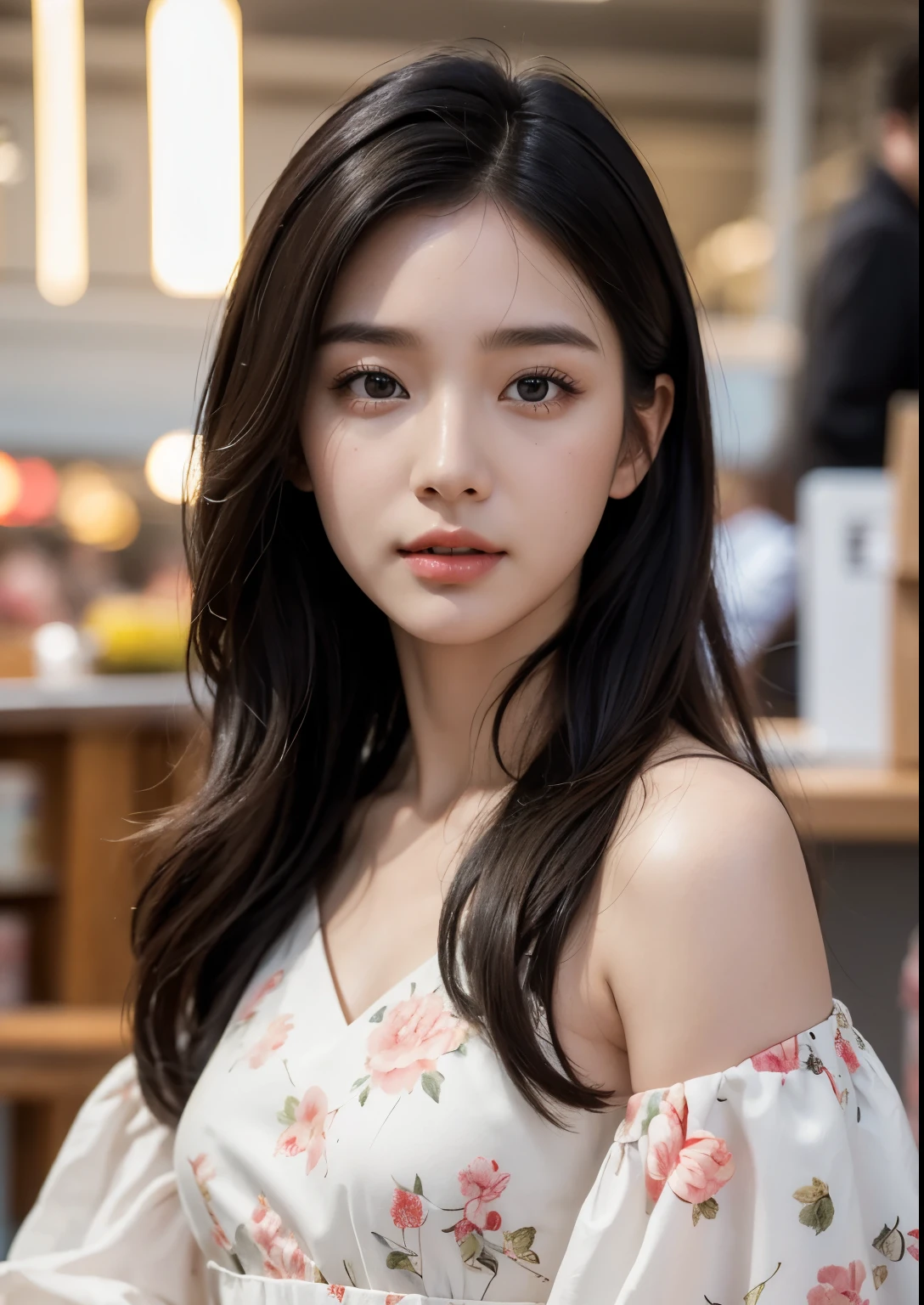 A beautiful Korean girl, detailed realistic face, longeyes, small nose, full lips, shoulder-length black hair, standing in a hypermarket, wearing an above knee-length white floral dress, holding a shopping basket, natural lighting, highly detailed, photorealistic, 8k, (best quality, masterpiece:1.2), ultra-detailed, (realistic:1.37), detailed description, vivid colors, HDR, studio lighting, professional