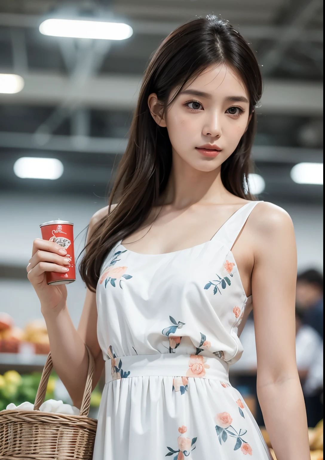 A beautiful Korean girl, detailed realistic face, longeyes, small nose, full lips, shoulder-length black hair, standing in a hypermarket, wearing an above knee-length white floral dress, holding a shopping basket, natural lighting, highly detailed, photorealistic, 8k, (best quality, masterpiece:1.2), ultra-detailed, (realistic:1.37), detailed description, vivid colors, HDR, studio lighting, professional