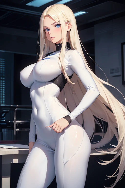 /(Girl),(young),(17 years old young),(alone),(beautiful white skin color),(super hot and beautiful),(wearing a white skin-tight suit with a super tight and sexual pencil skirt),(With super large breasts),(sexy ass),(beautiful long blonde hair),(blue eyes),(height 1.70),(Super beautiful and sensual), (super large body)