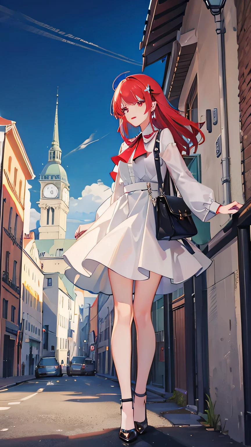 Red medium hair、White eyes、Tree Eyes、laughing、silver earrings、Modern French clothing、skirt、Silver pumps、French town