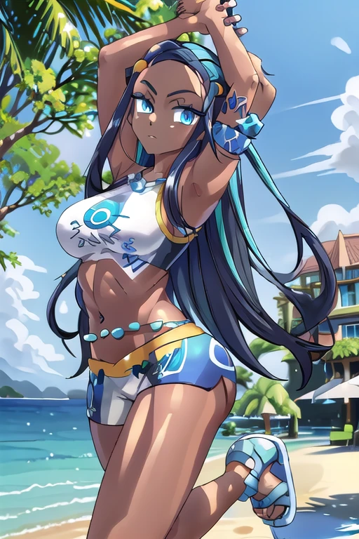 masterpiece, best quality, highly detailed, (Detailed face:1.2), (Detailed eyes:1.2), 1girl, solo, (nessa_pokemon:1.3), dark-skinned female, dark skin, blue eyes, aqua eyes, long hair, black hair, blue hair, aqua hair, multicolored hair, two-tone hair, hair bun, single hair bun, eyeshadow, slim feminine figure, arrogant smile, shorts, crop top, tankini, belly chain, single glove, midriff, sandals, , Hand lifting one leg, Detailed legs, flexible, (Standing on one leg:1.2), (standing split:1.3), Hand lifting one leg, stretching, posing, cowboy shot, cinematic composition, (Background: outdoors, day time, beach town, view of the ocean)
