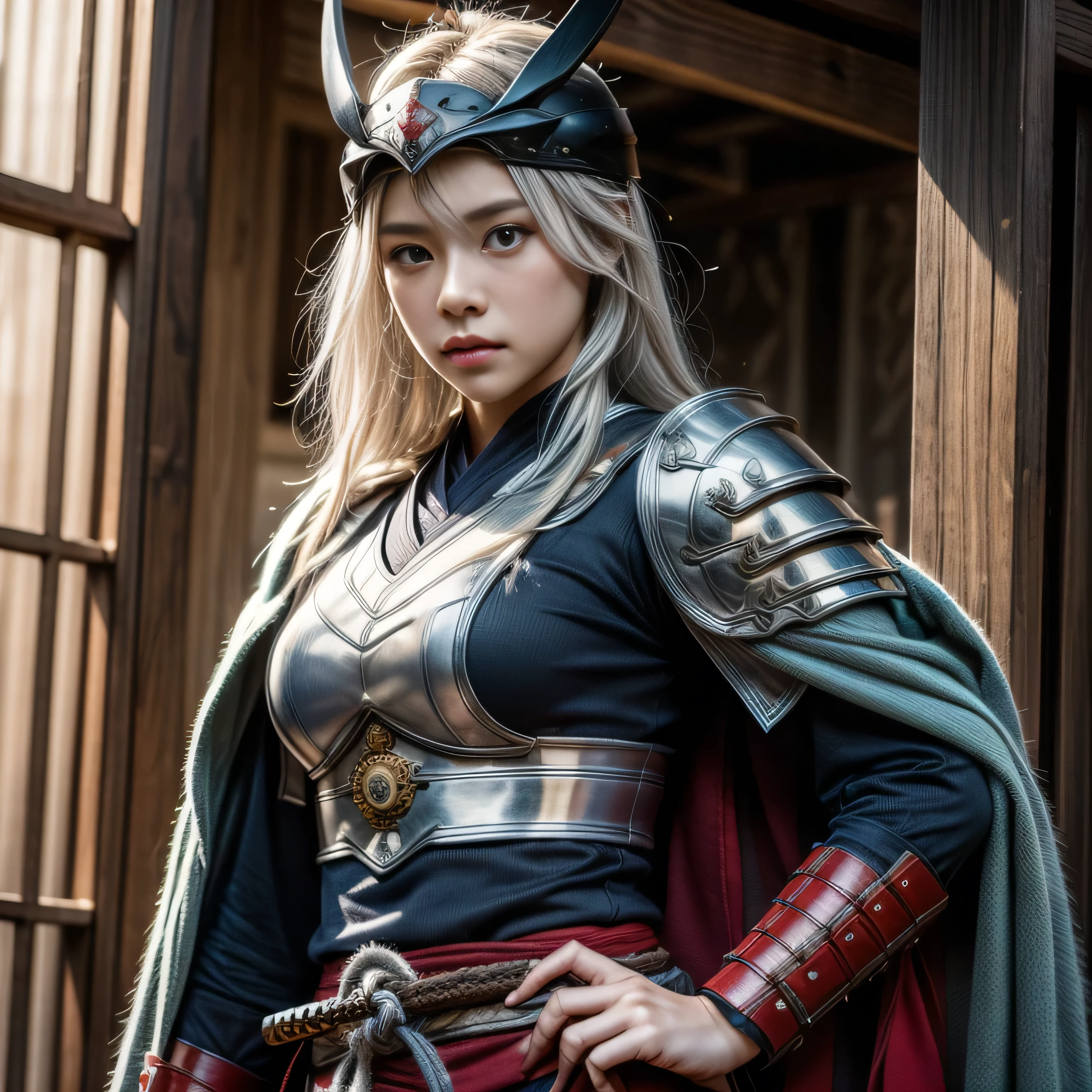 photorealistic, masterpiece, photorealistic, high resolution, soft light, hips up, blue eyes, white hair, long hair, Intricate details EABA, cloaks, kunais, Ninja, Armor, warrior, samurai helmet