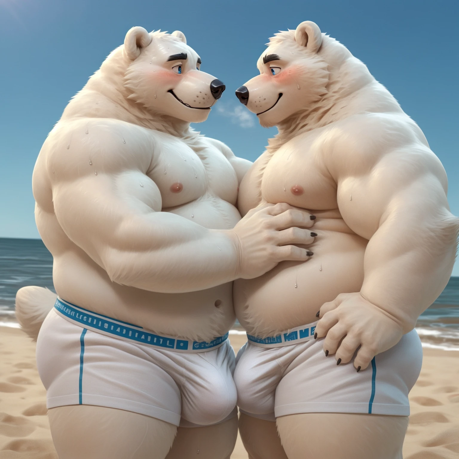 New Jersey 5 Furry，polar bear，Solitary，Exquisite，topless，Drum briefs，Beach，在Beach上，Hands on hips，Smile，sweat, Eye contact. blush.  foot,Solitary，Chubby，Fat，Thick arms，Rugged muscles，White plush fur，Chubby脸，Black eyebrows，Sky blue eyes，Beard，high resolution, top quality, best quality，White shorts with bulge，sweat, Eye contact. blush.  foot