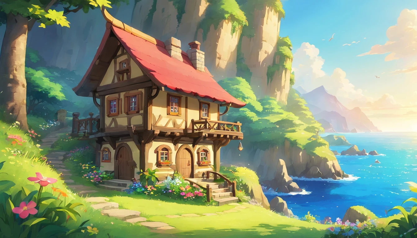 (Mysterious fantasy cliff forest and sea), simple house cabin with red roof and beige walls and small window on the upper floor and the wooden door on the ground floor give it a traditional and cozy look, It is vividly depicted in the work (Best quality, 8K, Advanced resolution, Masterpiece: 1.2), With ultra-detailed detail (1.4x realism, Photorealistic: 1.37). This dream forest is made up of bright colors，bathed in the warm glow of the sun, Create a cheerful and whimsical atmosphere. The house is designed with great attention to detail, With a complex design and unique architecture, Similar to a costage and cabin house。 (This fantastic cliff is surrounded by lush greenery and colorful flowers and sea), Elevate a captivating and magical environment。 The artwork showcases an illustrative style, Inspired by children's book illustrations, Ensures a glamorous and nostalgic touch. The color palette consists of bright rainbow colors, Seven colors，Evoke feelings of joy and playfulness. Lighting accentuates the picturesque scene, Create soft and warm shadows，Add depth and warmth to the artwork. Every detail is impeccablely presented, creating a visually stunning masterpiece，Capture the essence of the light between oceans.
