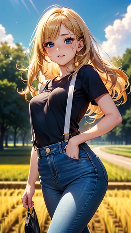 A girl is posing for a photo,pretty girl,Enchanting girl,Anime Girls,
(((One Girl,Baby Face,))),(Drooping eyes,blue eyes),(Small breasts),

(blackＴshirt:1.2、Denim pants、suspenders:1.4、sneakers),
BREAK 

(Beautiful Hair,Shiny Hair),((Blonde))、Hair blowing in the wind、Wavy Hair、Semi-long hair),

(Expression of fine eyes,Beautiful and delicate eyes,Sparkling eyes,Eye Reflexes),
(double eyelid,Long eyelashes),
(Beautiful Nose,Thin Nose),
(Glossy lips,Beautiful Lips,Thick lips),
(Symmetrical facial features,Perfect Face),(((Detailed skin,Oily skin,Textured skin,Beautiful Skin))),
break 

(smile、Embarrassed),
((noon、Country Road、Paddy field)),((Walking、front view, Cowboy Shot)),
break 

(((highest quality)),((masterpiece)),((Very detailed))),((High resolution),(8k),(16k,1080p),(Anime 2D Rendering)),(Anatomically correct),
((Realistic)), (The best CG),Highly detailed art,CG illustration,
