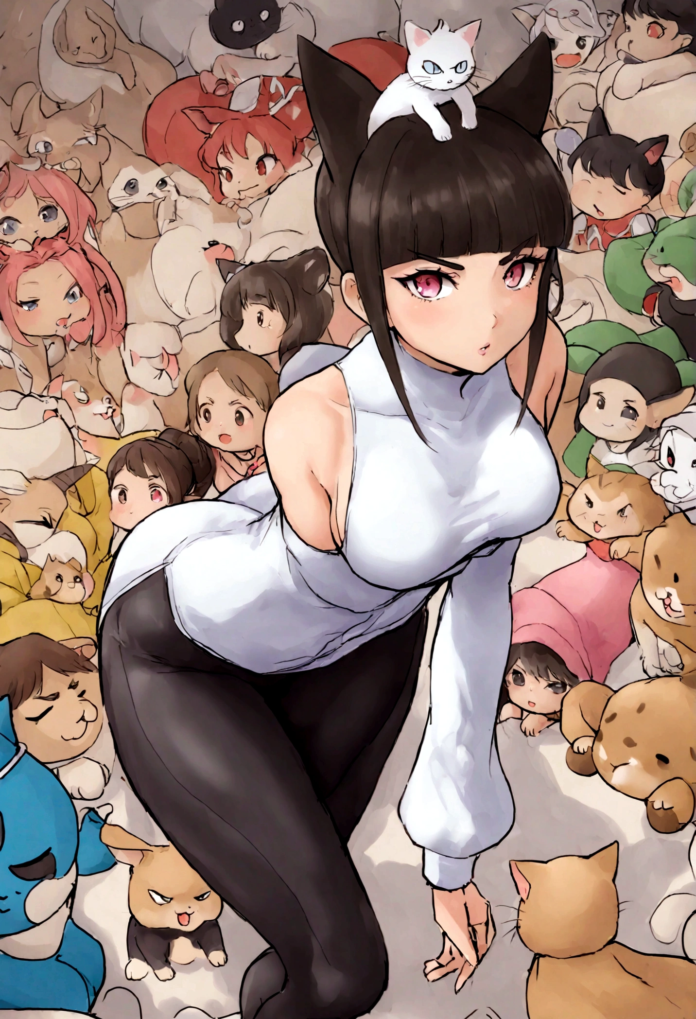 juri han,beautiful young warrior with cat ears on her head, com rosto bem detalhado e bonito, belos olhos, belos olhos, rosto lindo, mulher jovem e bonita vestindo leggings longas marrons com detalhes pretos, sueter apertado branco, parado em um castelo, usando bota preta, cabelo comprido com franja preto, ,orelhas de gato, belo sorriso, moleca, um pouco musculosa,suter branco com cinta em volta, olhar serio,usando jaqueta de couro apertado preto, com ombreiras de prata nos ombros