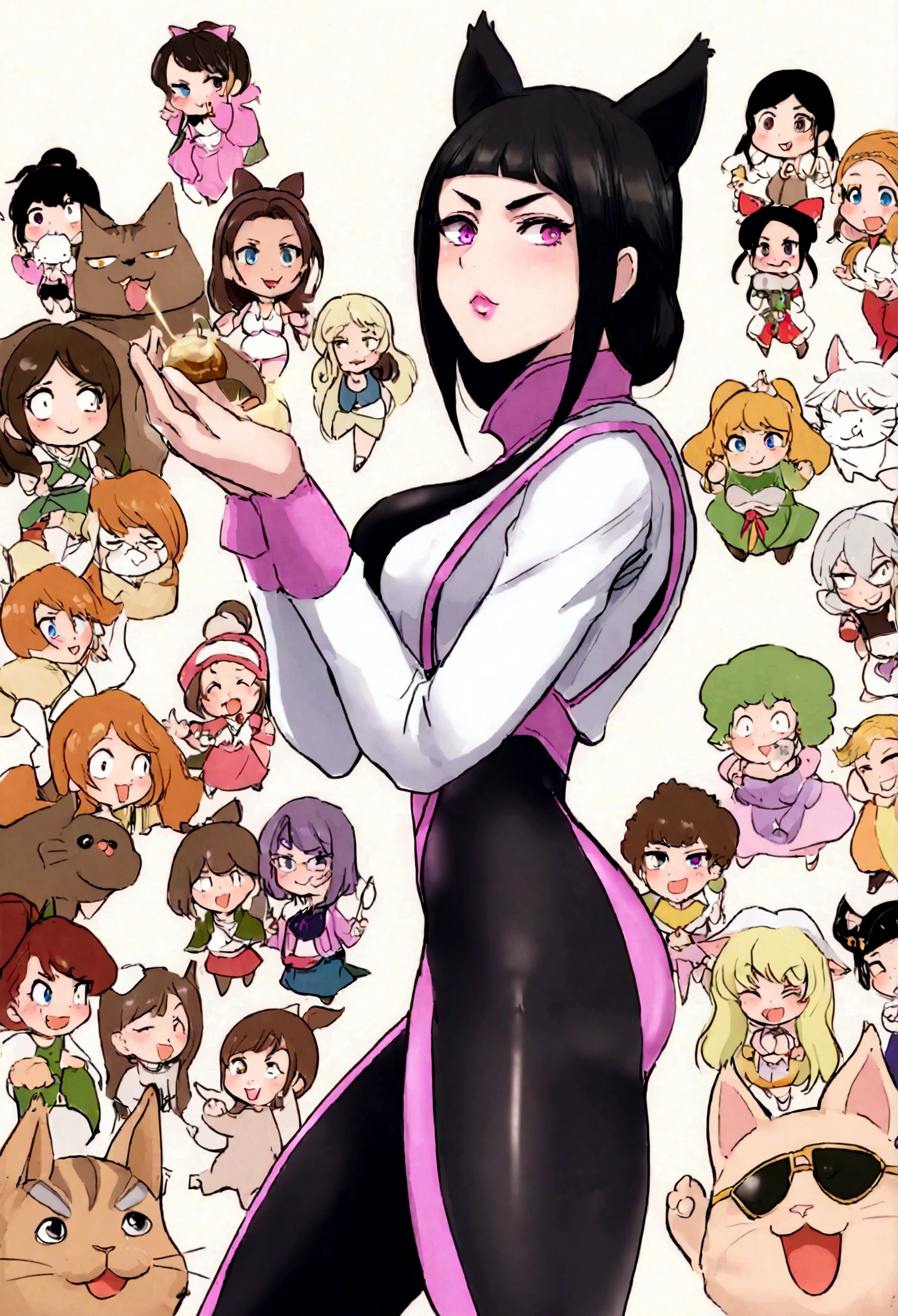 juri han,beautiful young warrior with cat ears on her head, com rosto bem detalhado e bonito, belos olhos, belos olhos, rosto lindo, mulher jovem e bonita vestindo leggings longas marrons com detalhes pretos, sueter apertado branco, parado em um castelo, usando bota preta, cabelo comprido com franja preto, ,orelhas de gato, belo sorriso, moleca, um pouco musculosa,suter branco com cinta em volta, olhar serio,usando jaqueta de couro apertado preto, com ombreiras de prata nos ombros