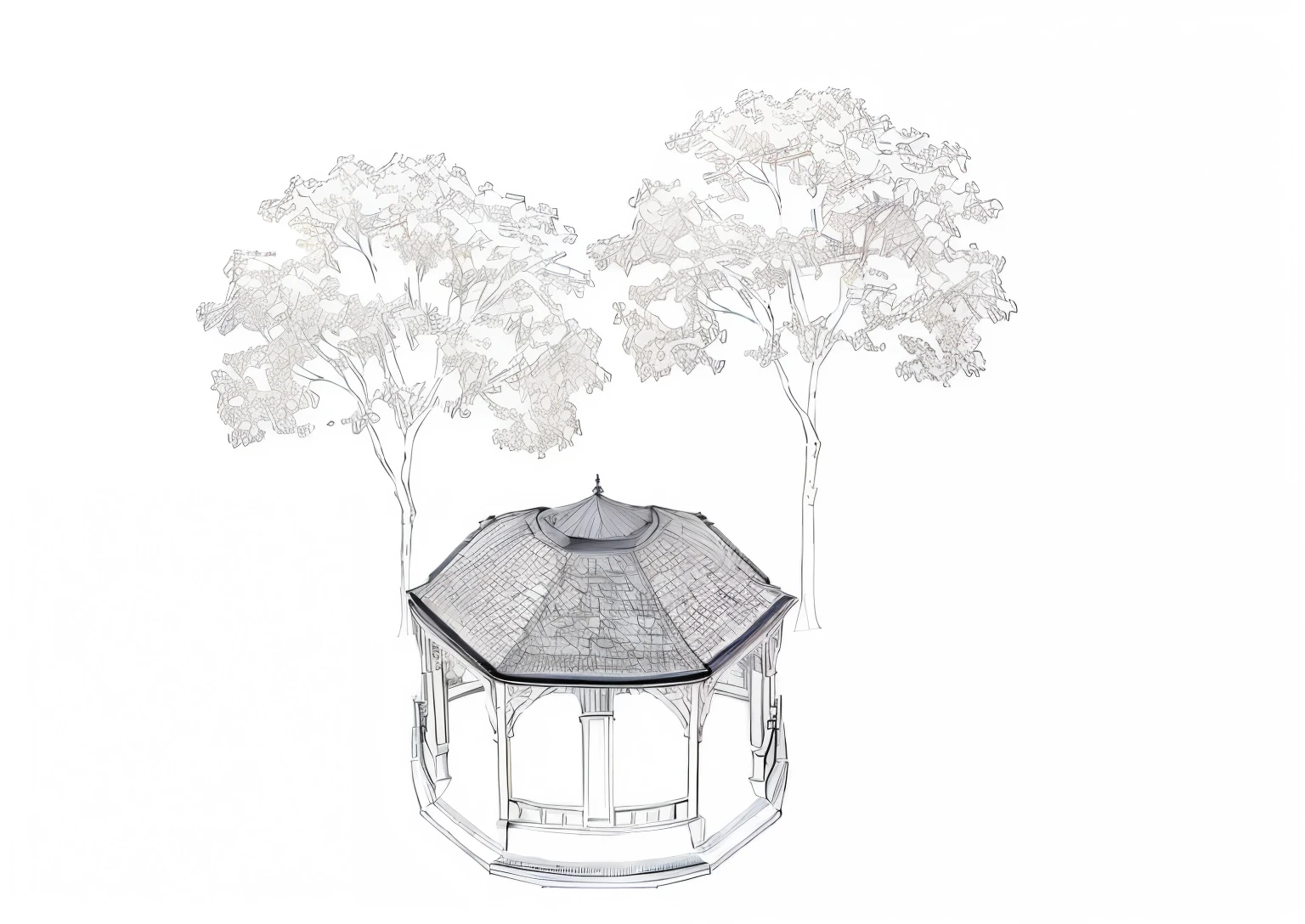 a drawing of a gazebo with a tree in the background, pavilion, isometric view, dibujo conceptual, architectural illustration, architectural drawing, Detailed line drawing, vista de perspectiva, boceto - arriba, isometric vista de perspectiva, Techo redondeado, por Siona Shimshi, bien sombreado, isometric viewpoint, Architectural plan, Conceptual representation, con renderizado 3d, con renderizado 3d