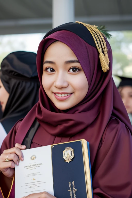 8k, highest quality, ultra detail, 19 year old asian girl wearing hijab and graduation cap, hispanic, graduation gown, diploma, proud moment, achievement, 32 year old mother wearing hijab, smiling sadly, proud looking at her .