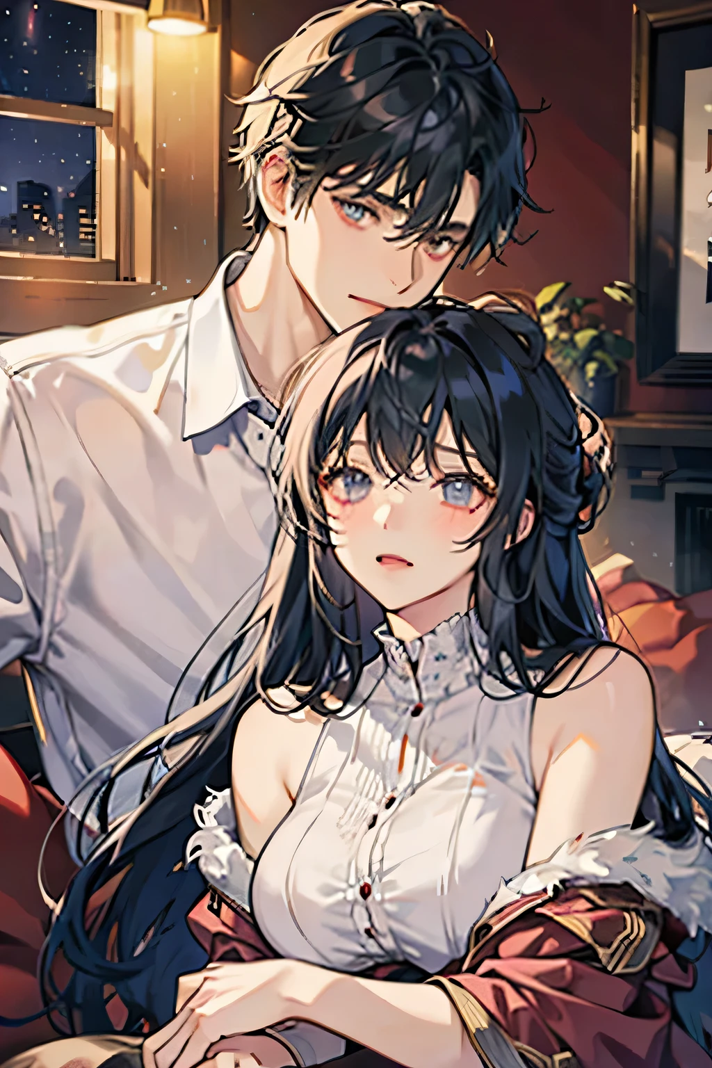 Male in his 30s, black hair , Woman in her 20s, loose and fluffy, long hair, Couple pose , Hugging pose , Embarrassed expression , Couple , sexy , Adult atmosphere , On the bed , night ,