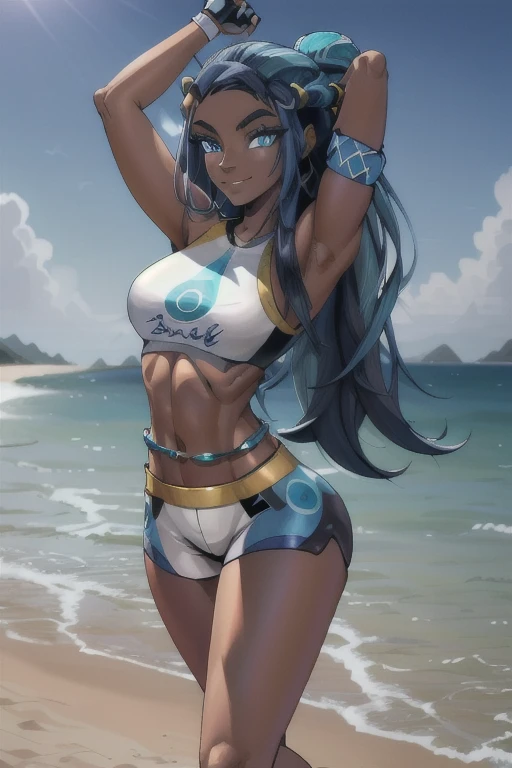 masterpiece, best quality, highly detailed, (Detailed face:1.2), (Detailed eyes:1.2), 1girl, solo, (nessa_pokemon:1.3), dark-skinned female, dark skin, blue eyes, aqua eyes, long hair, black hair, blue hair, aqua hair, multicolored hair, two-tone hair, hair bun, single hair bun, eyeshadow, slim feminine figure, arrogant smile, shorts, crop top, tankini, belly chain, single glove, midriff, sandals, , Hand lifting one leg, Detailed legs, flexible, (Standing on one leg:1.2), (standing split:1.3), Hand lifting one leg, stretching, posing, cowboy shot, cinematic composition, (Background: outdoors, day time, beach town, view of the ocean)
