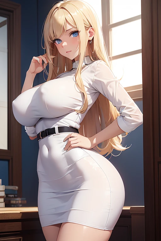 /(Girl),(young),( young),(alone),(beautiful white skin color),(super hot and beautiful),(Wearing),+,(a super sensual tight white blouse and a short, tight pencil skirt that reaches the waist and is very sexual),(With super large breasts),(sexy ass),(beautiful long blonde hair),(blue eyes),(height 1.70),(Super beautiful and sensual), (super large body)