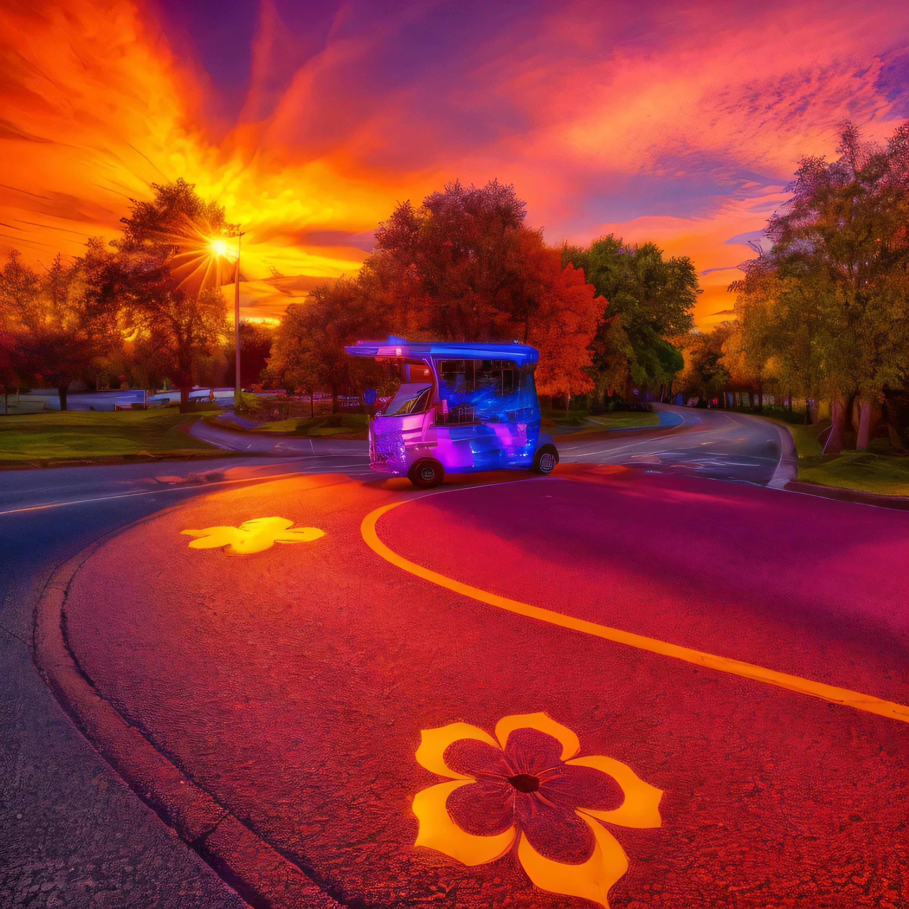 evening，Sunset，Prime Time，Colorful Clouds，tour car，S-shaped road，Flower table，Tree，Warm colors，RAW，8k，Detailed Details，Best quality，Perfect color matching，Sense of atmosphere，