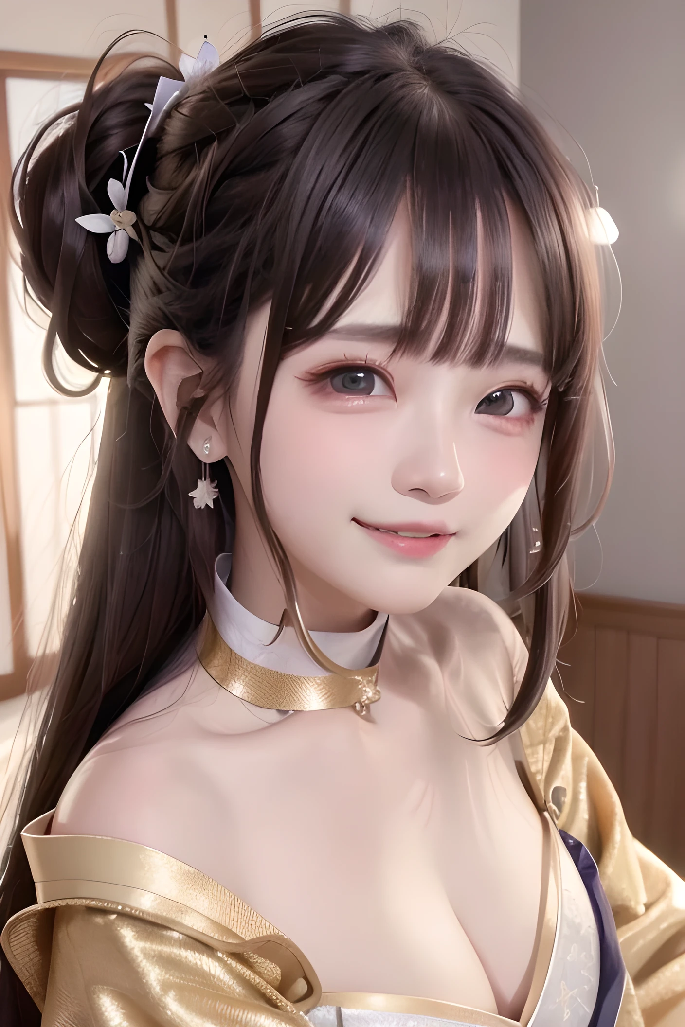(Glittering kimono)、Old-fashioned town、highest quality、masterpiece、High resolution、(Very delicate face)、(A sweet face)、(A big smile:1.4)、blush、Brown Hair、Long Hair、ponytail、Hair tucked behind ear、Hair curled、Dark Eyes、Detailed eyes、Moist eyes、Absurd,High resolution,Super detailed,Very detailed,32k,8K resolution, Complex details dynamic angles, Natural light、