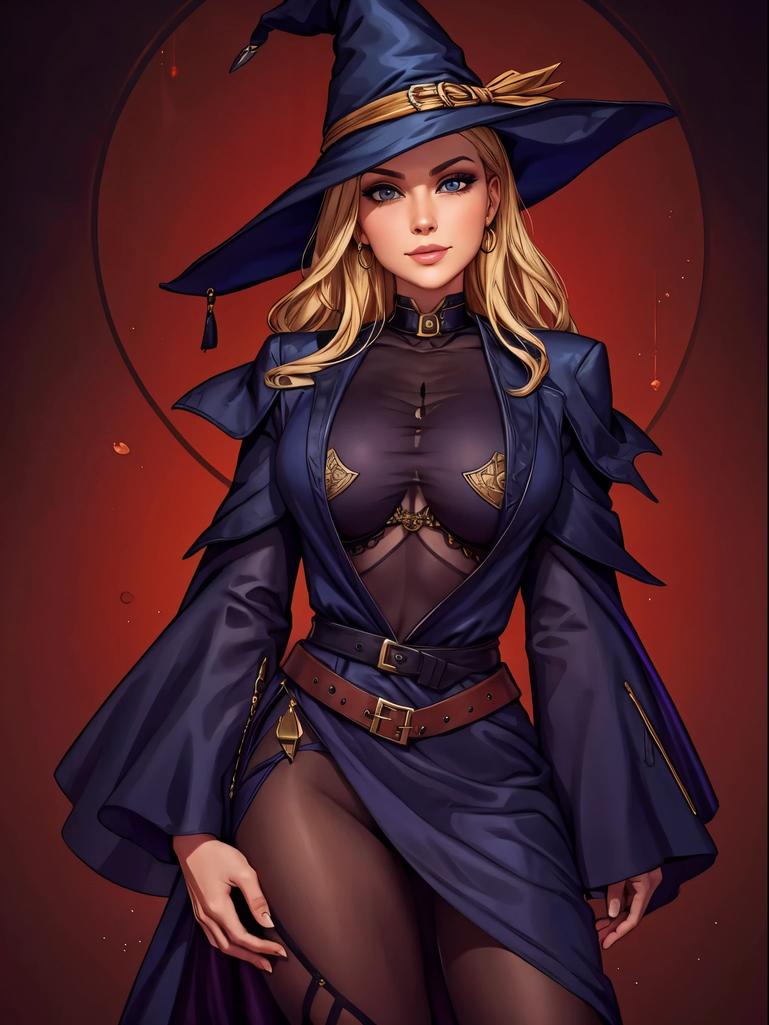 Sorceress Woman, smooth fair skin big blue eyes plump lips small upturned nose shoulder-length blond hair a slightly plump figure with a witch hat on her head without clothes striped tights and witch shoes