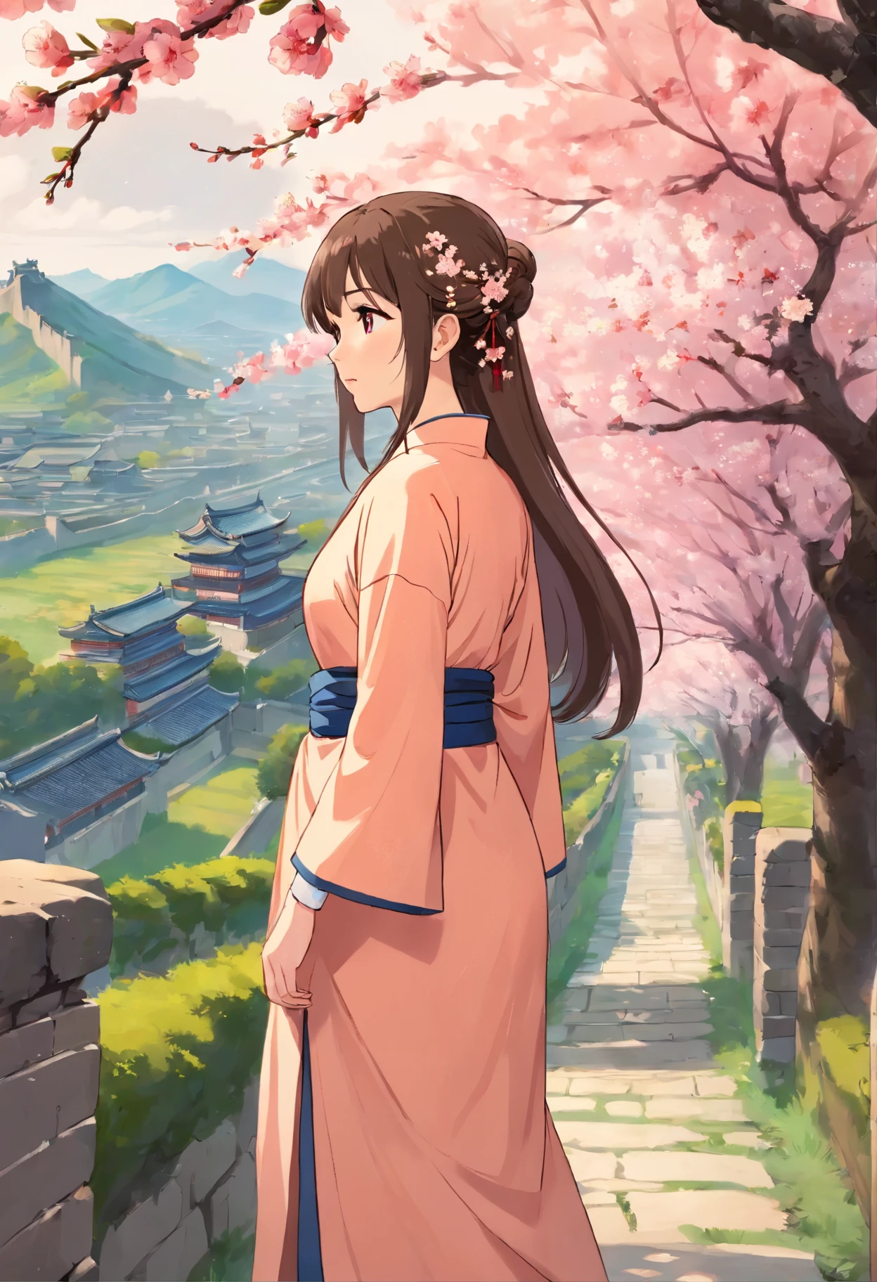 (Ten Miles of Enchanting Peach Blossoms:1.2)，The back of a woman with long hair reaching her waist stands under the peach blossom tree，firm eyes， Heqiang，She looked at the Great Wall in the distance, filled with smoke.，flint，blood stained sand，Iron can travel both vertically and horizontally，bodies scattered across the fields，China，Ancient，ink，