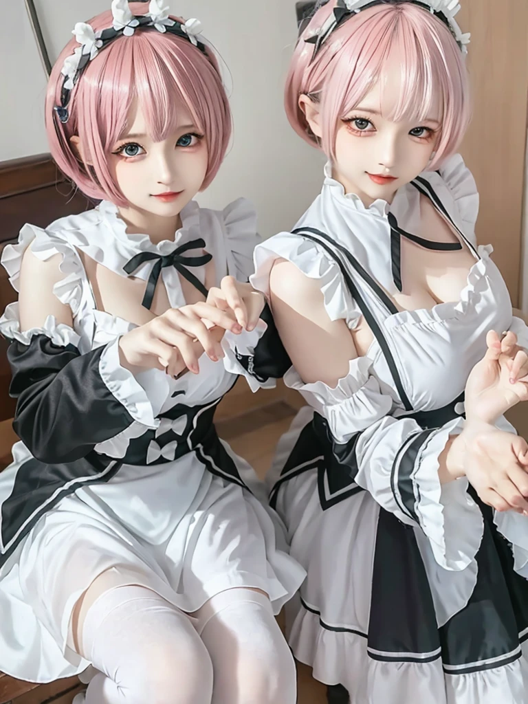 Accurate depiction with high resolution,(8K, Photorealistic, Raw photo, of the highest quality: 1.3), (1girl in), Super beautiful, (Realistic face), (boyish, pink Color Berry Shorthair), Beautiful , Glare that captivates the viewer, Beautiful expression, Beautiful breasts, (Realistic skin), Be...Create a detailed and colorful image of Ram and Rem from Re:Zero, standing back-to-back in their maid outfits, with a magical fantasy background、14years old, two girls,cute, perfect face, beautiful, nice body, gothic lolita clothes, gothic lolita fashion, frilly skirt, headdress, necklace, bracelet, knee-high socks, boots, double eyelids, tear bags, Detailed down to the fingers, photo-like description, indoors, dim indoor lighting, one girl is pink hair and short bob, another girl is light blue hair and short bob,standing,whole body, composition that shows the whole body, smiling,The Both of them are wearing the same type of maid outfit,Optimal ratio of 4 fingers and 1 thumb,walking