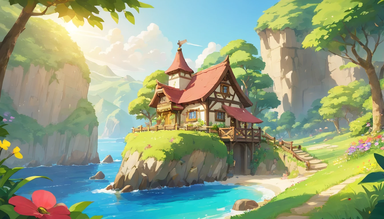 (Mysterious fantasy cliff forest and sea), simple house cabin with red roof and beige walls and small window on the upper floor and the wooden door on the ground floor give it a traditional and cozy look, It is vividly depicted in the work (Best quality, 8K, Advanced resolution, Masterpiece: 1.2), With ultra-detailed detail (1.4x realism, Photorealistic: 1.37). This dream forest is made up of bright colors,bathed in the warm glow of the sun, Create a cheerful and whimsical atmosphere. The house is designed with great attention to detail, With a complex design and unique architecture, Similar to a costage and cabin house。 (This fantastic cliff is surrounded by lush greenery and colorful flowers and sea), Elevate a captivating and magical environment。 The artwork showcases an illustrative style, Inspired by children's book illustrations, Ensures a glamorous and nostalgic touch. The color palette consists of bright rainbow colors, Seven colors,Evoke feelings of joy and playfulness. Lighting accentuates the picturesque scene, Create soft and warm shadows,Add depth and warmth to the artwork. Every detail is impeccablely presented, creating a visually stunning masterpiece,Capture the essence of the light between oceans, there's a path that someone can run on that