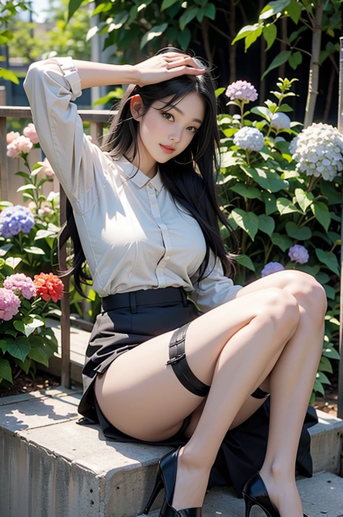 Armpit Hair、Show both sides、High heels（Black）、pantyhose（Black）、garter belt（Black）、Big Breasts、Long Hair（Black、straight）、On all fours、Leg spread、Married Woman、first round、Voluptuous、Puddle、Outdoor、garden、hydrangea（green）