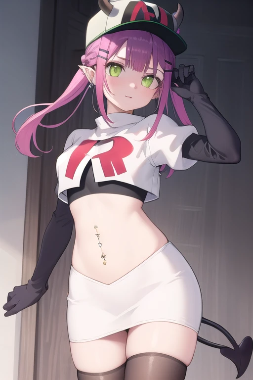 ((masterpiece)),(best quality),official art,extremely detailed CG,unity 8k wallpaper,ultra detailed,1girl,solo,cowboy shot,tokoyami towa,baseball cap,black headwear,colored inner hair,demon girl,demon tail,ear piercing,fake horns,green eyes,hair ornament,hairclip,hat,horned headwear,long hair,multicolored hair,navel piercing,pink hair,pointy ears,purple hair,sidelocks,twintails,streaked hair,tail ornament,tail piercing,team rocket,team rocket uniform,white skirt,red letter R,crop top,black thigh-highs,black elbow gloves
